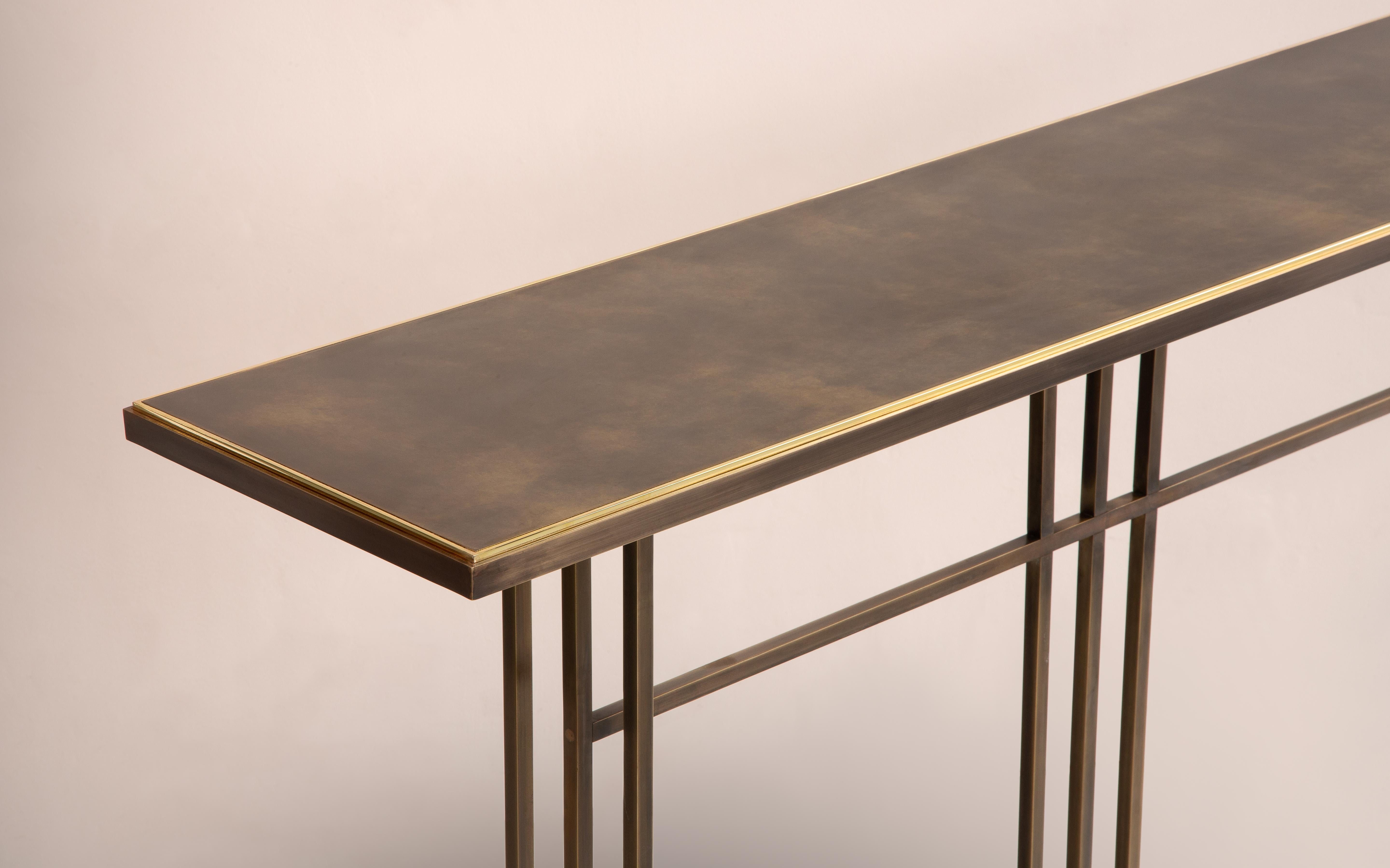 Art Deco Nico Console Table — Small — Patinated Brass Frame — Patinated Brass Top For Sale