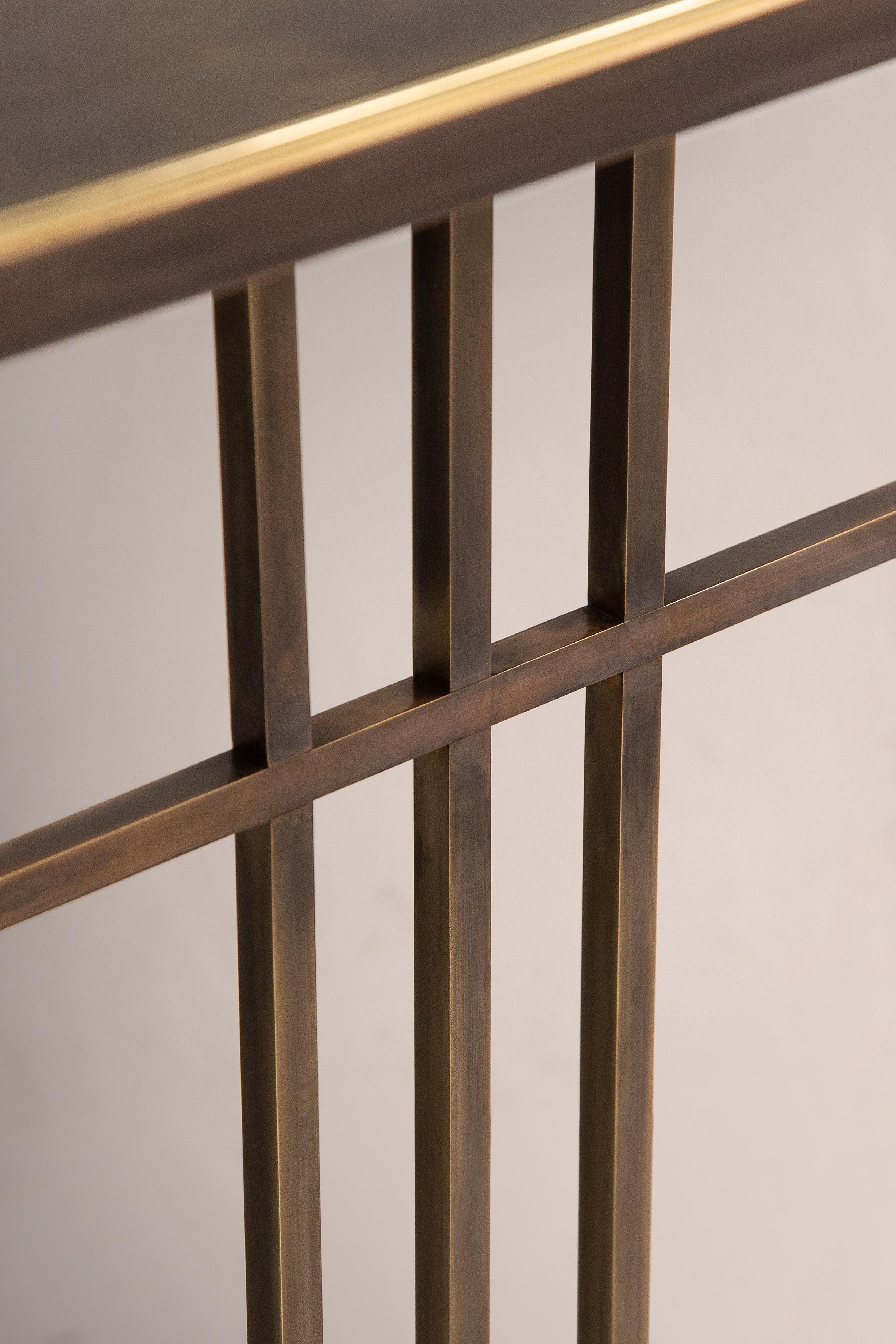 British Nico Console Table — Small — Patinated Brass Frame — Patinated Brass Top For Sale
