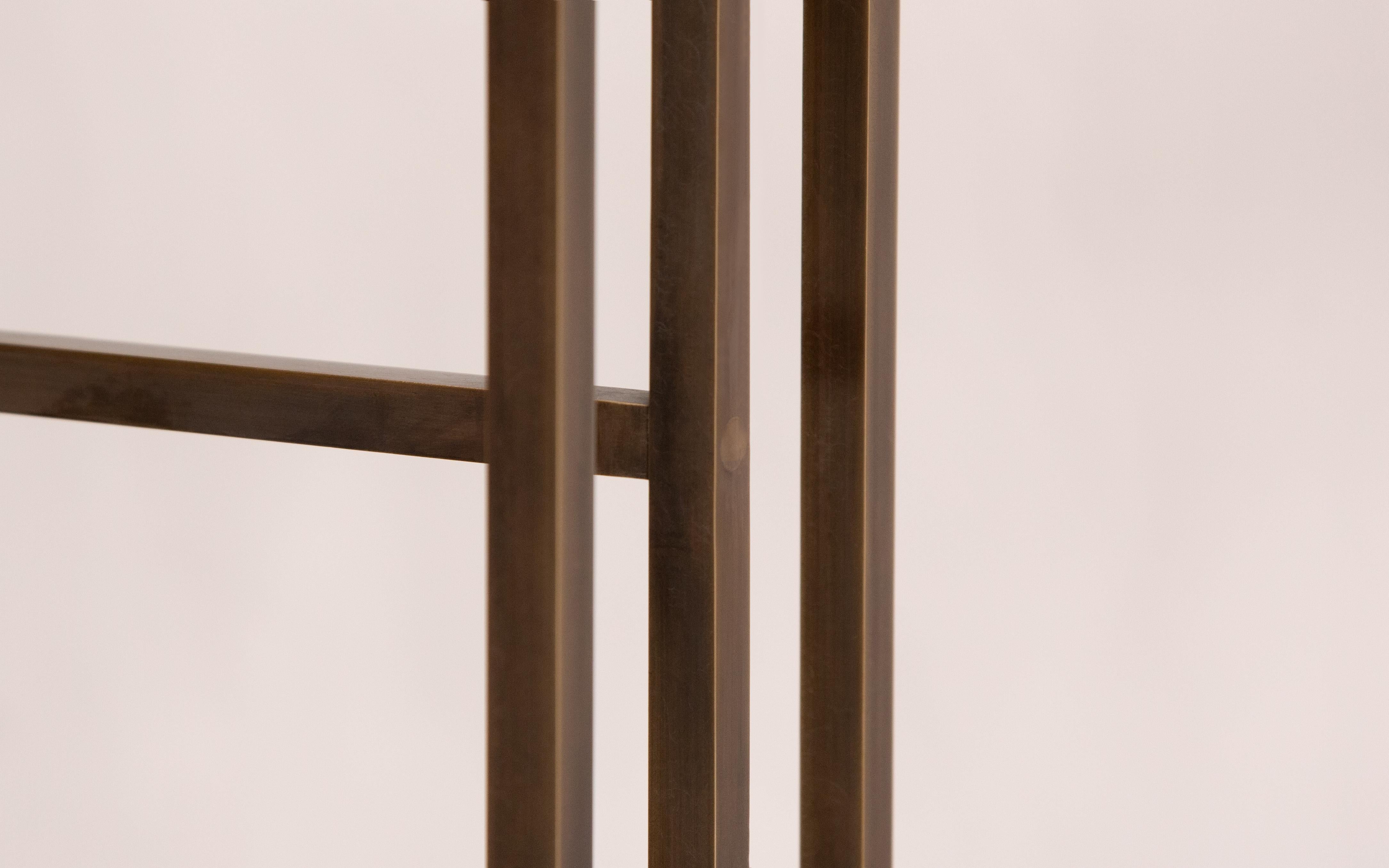 Beveled Nico Console Table — Small — Patinated Brass Frame — Patinated Brass Top For Sale