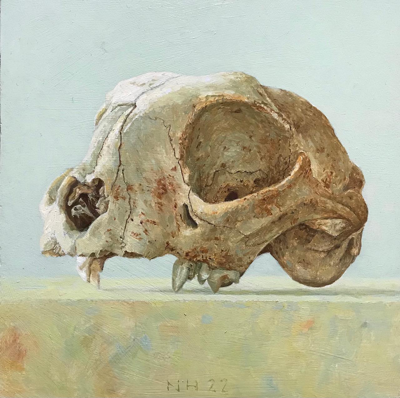 ''Archeological Find III'' Peinture hollandaise contemporaine représentant le squelette d'un chat
