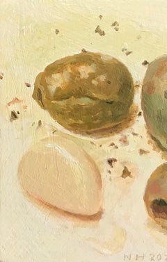 Zeitgenössisches niederländisches Miniatur-Stillleben, „Olives and Garlic Glove“