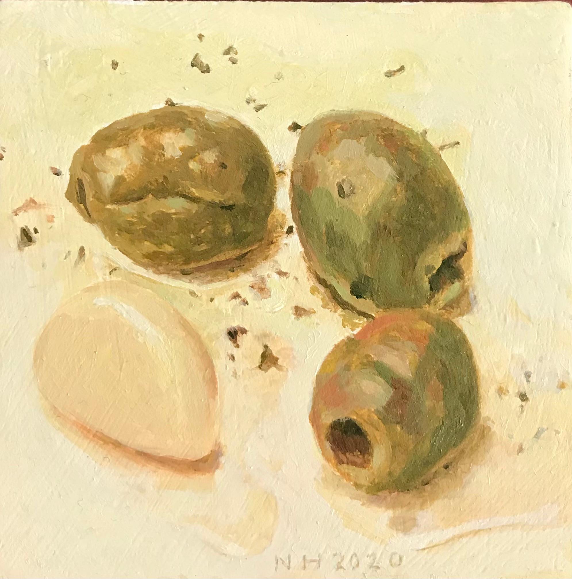 ''Olives and Garlic Glove'' Contemporary Dutch Miniature Still Life Painting