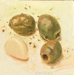 ''Olives and Garlic Glove'' Contemporary Dutch Miniature Still Life Painting