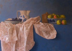 Still Life with Apples and Grapes Oil Painting on Panel Fruit In Stock