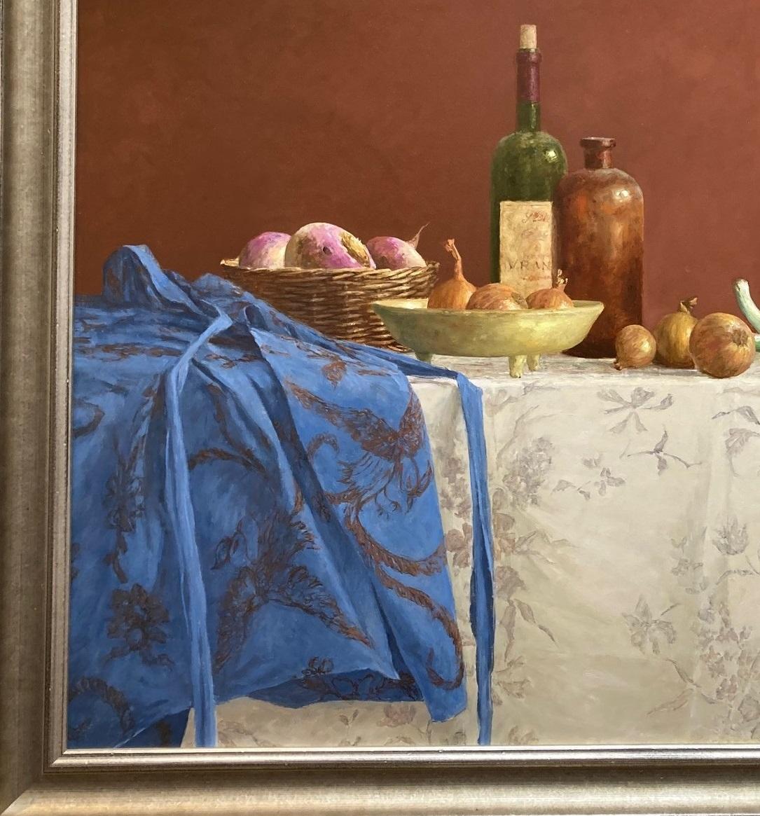 Stilleben mit blauem Tuch Ölgemälde auf Tafel Gemüse Auf Lager – Painting von Nico Heilijgers