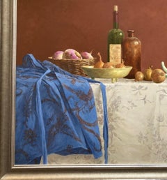 Still Life with Blue Cloth Oil Painting on Panel Vegetables In Stock