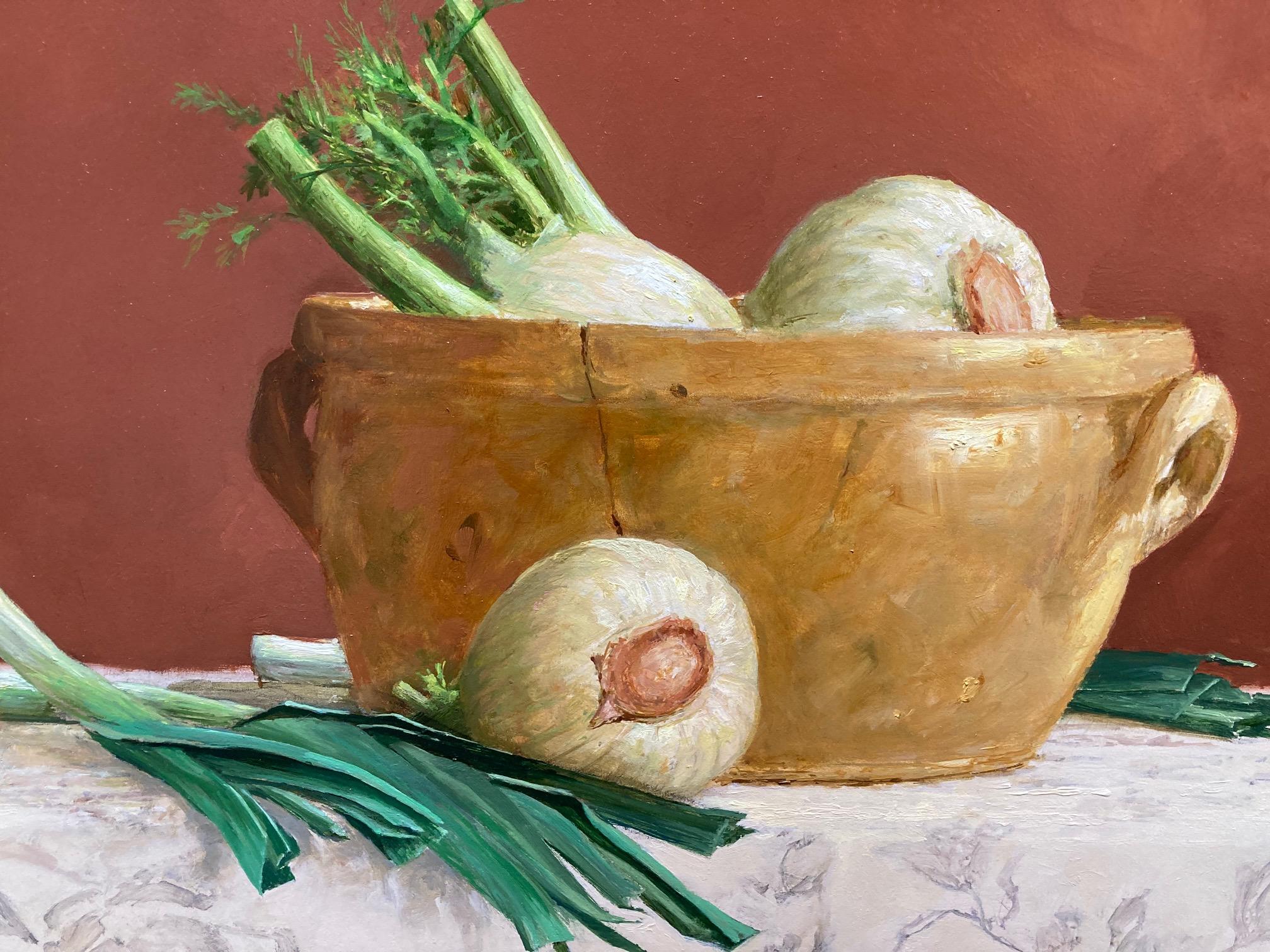Stilleben mit blauem Tuch Ölgemälde auf Tafel Gemüse Auf Lager (Zeitgenössisch), Painting, von Nico Heilijgers