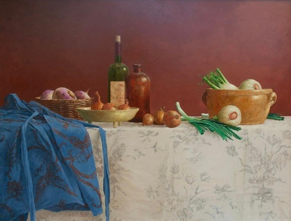 Stilleben mit blauem Tuch Ölgemälde auf Tafel Gemüse Auf Lager