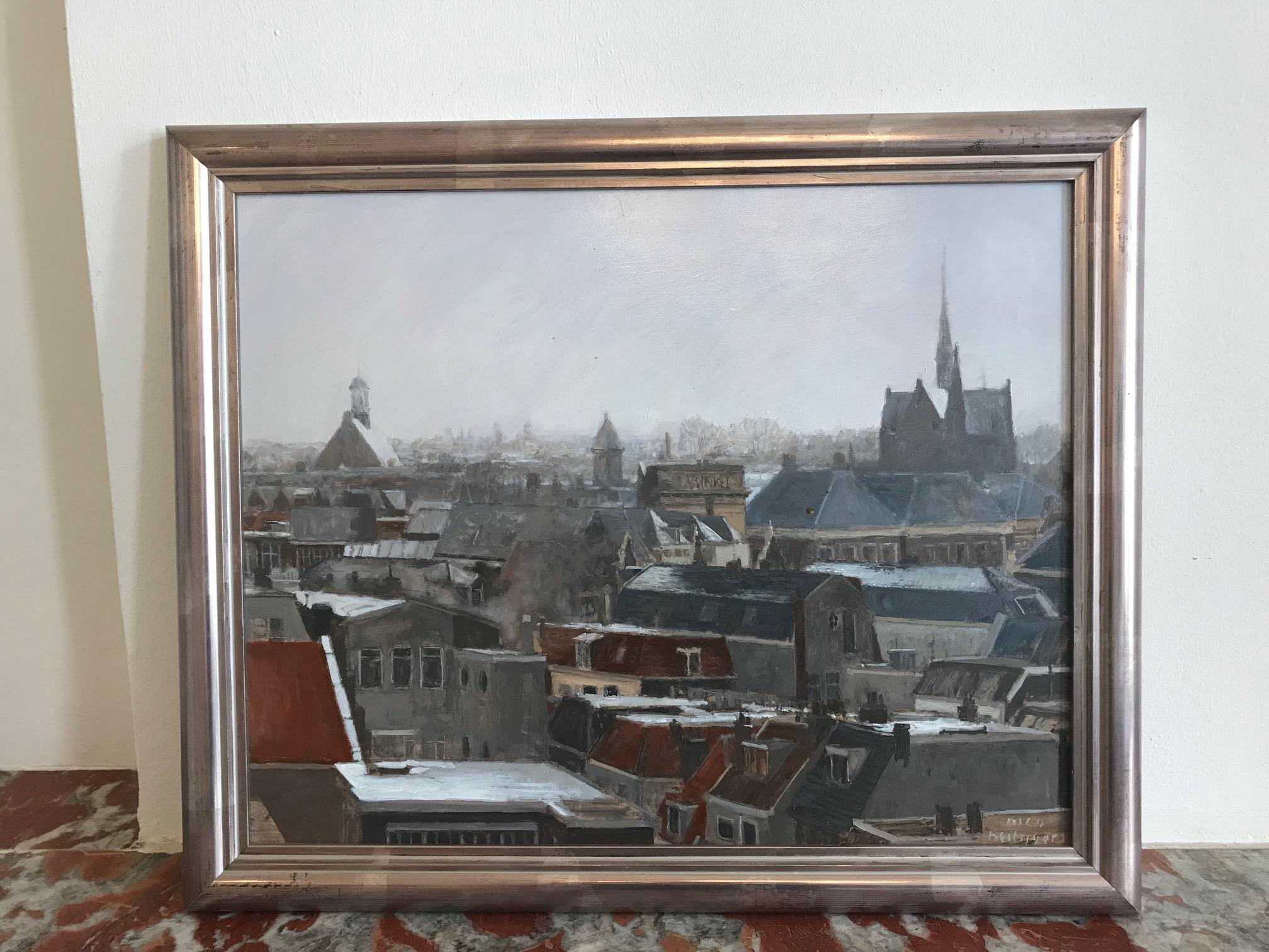 ''Winter in the City'' Contemporary Dutch Painting of Snowy Roofs - Gray Figurative Painting by Nico Heilijgers