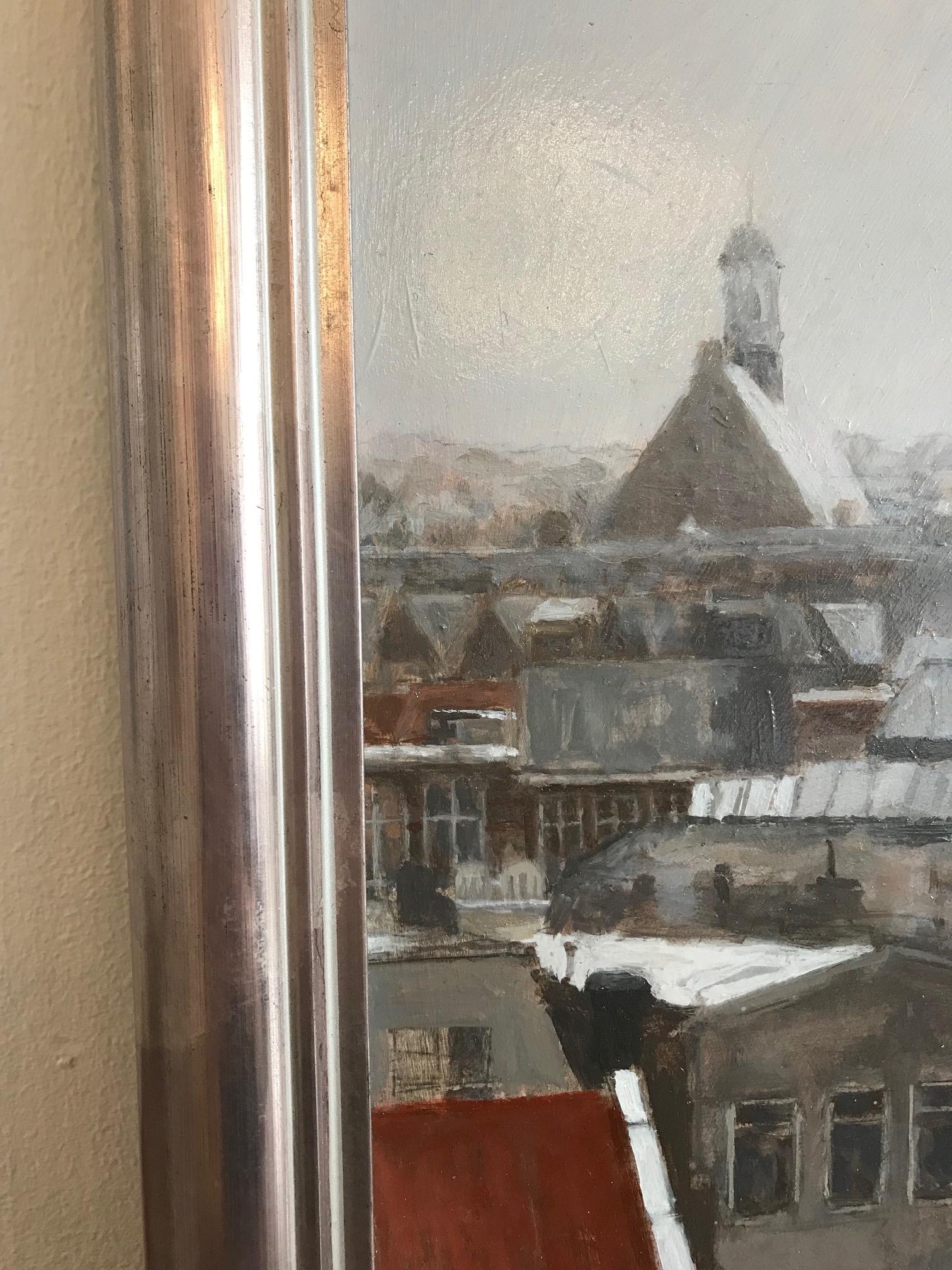 ''Winter in the City'' Contemporary Dutch Painting of Snowy Roofs For Sale 1