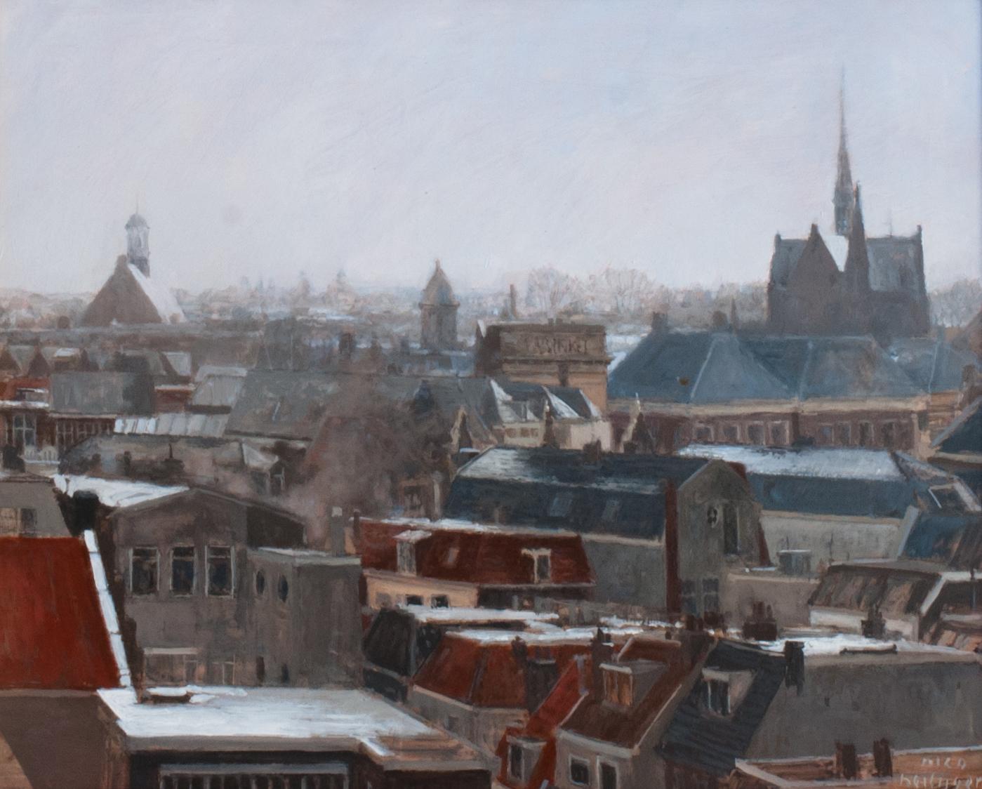 Nico Heilijgers Figurative Painting - ''Winter in the City'' Contemporary Dutch Painting of Snowy Roofs