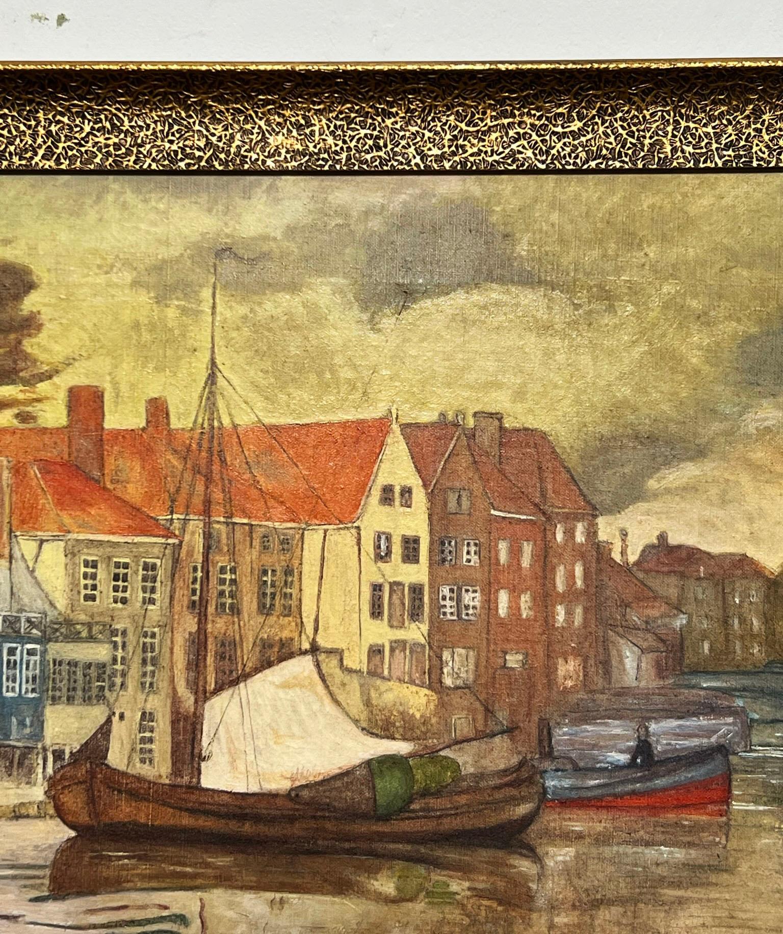 An early 20th century oil of Dutch pink boats and canal houses by the well listed Anglo-Dutch artist Nico Jungmann (1872-1935) This painting bears mannerisms of the Nieuwe Kunst style which was the Netherlands unique adaptation of the Art Nouveau