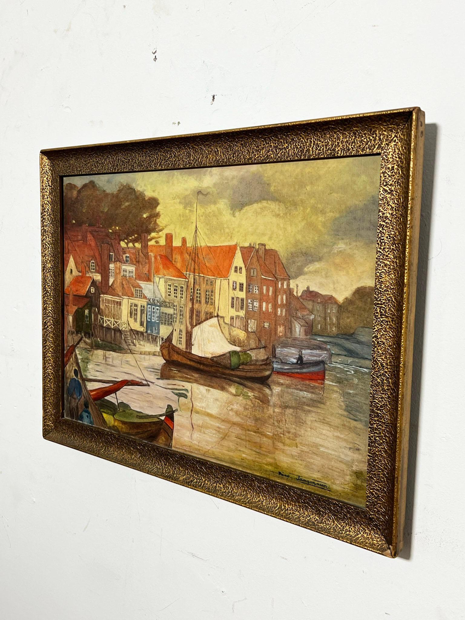 Nico Jungmann Art Nouveau Style Painting of Dutch Boats circa Early 20th Century For Sale 4