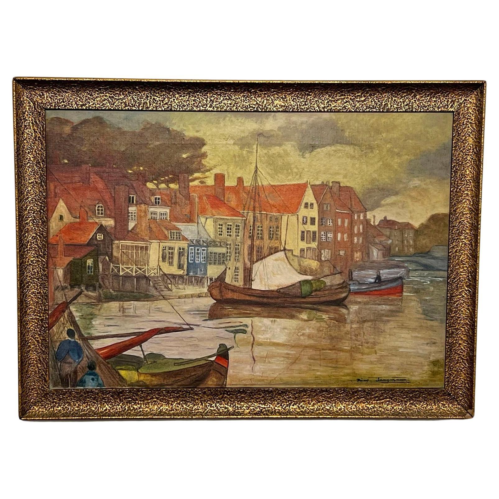 Nico Jungmann Art Nouveau Style Painting of Dutch Boats circa Early 20th Century