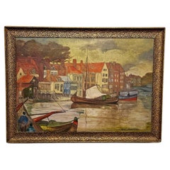 Antique Nico Jungmann Art Nouveau Style Painting of Dutch Boats circa Early 20th Century
