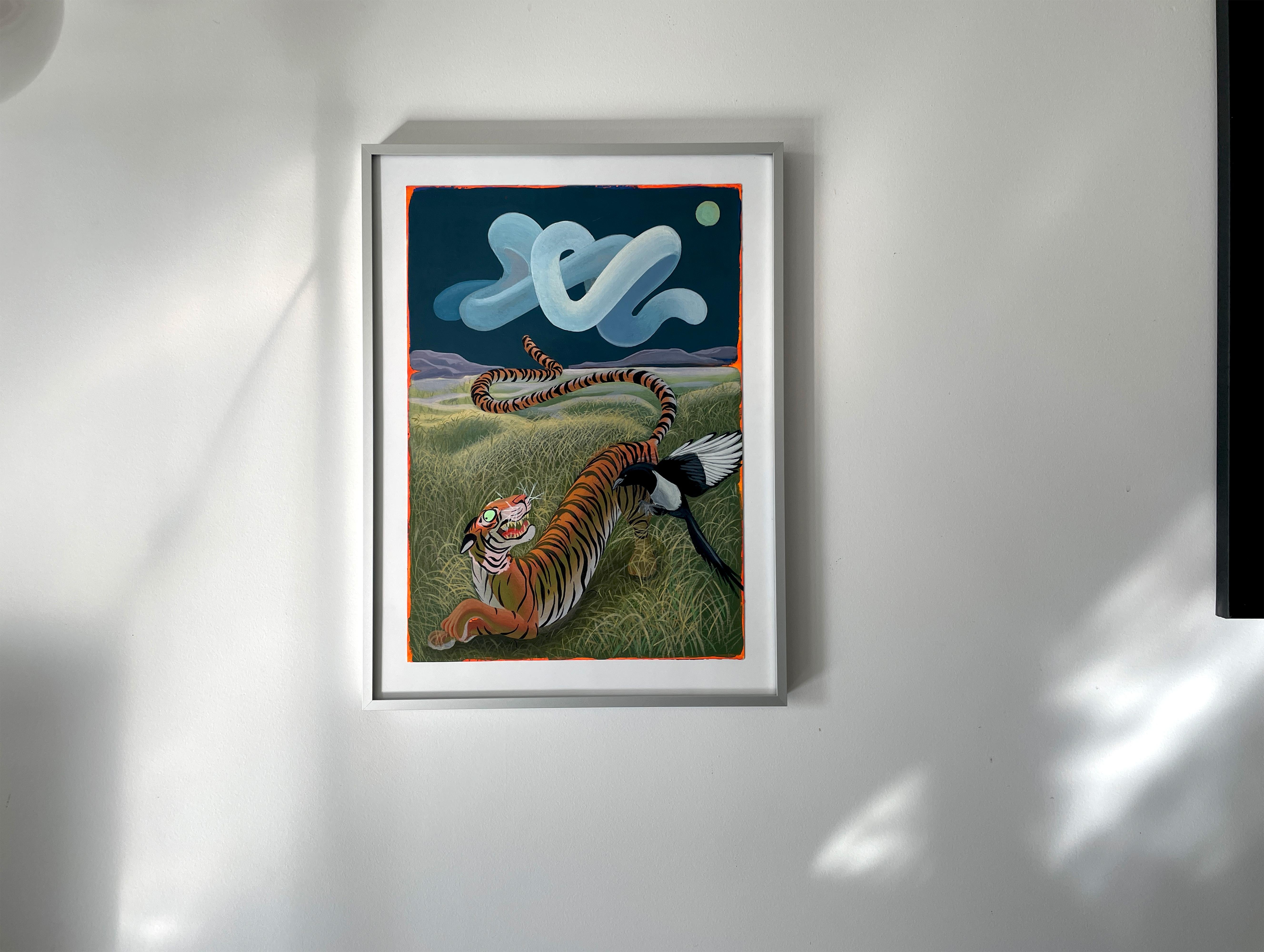 Acrylgemälde auf Fabriano-Papier mit Tiger Elster und surrealem Himmel,  