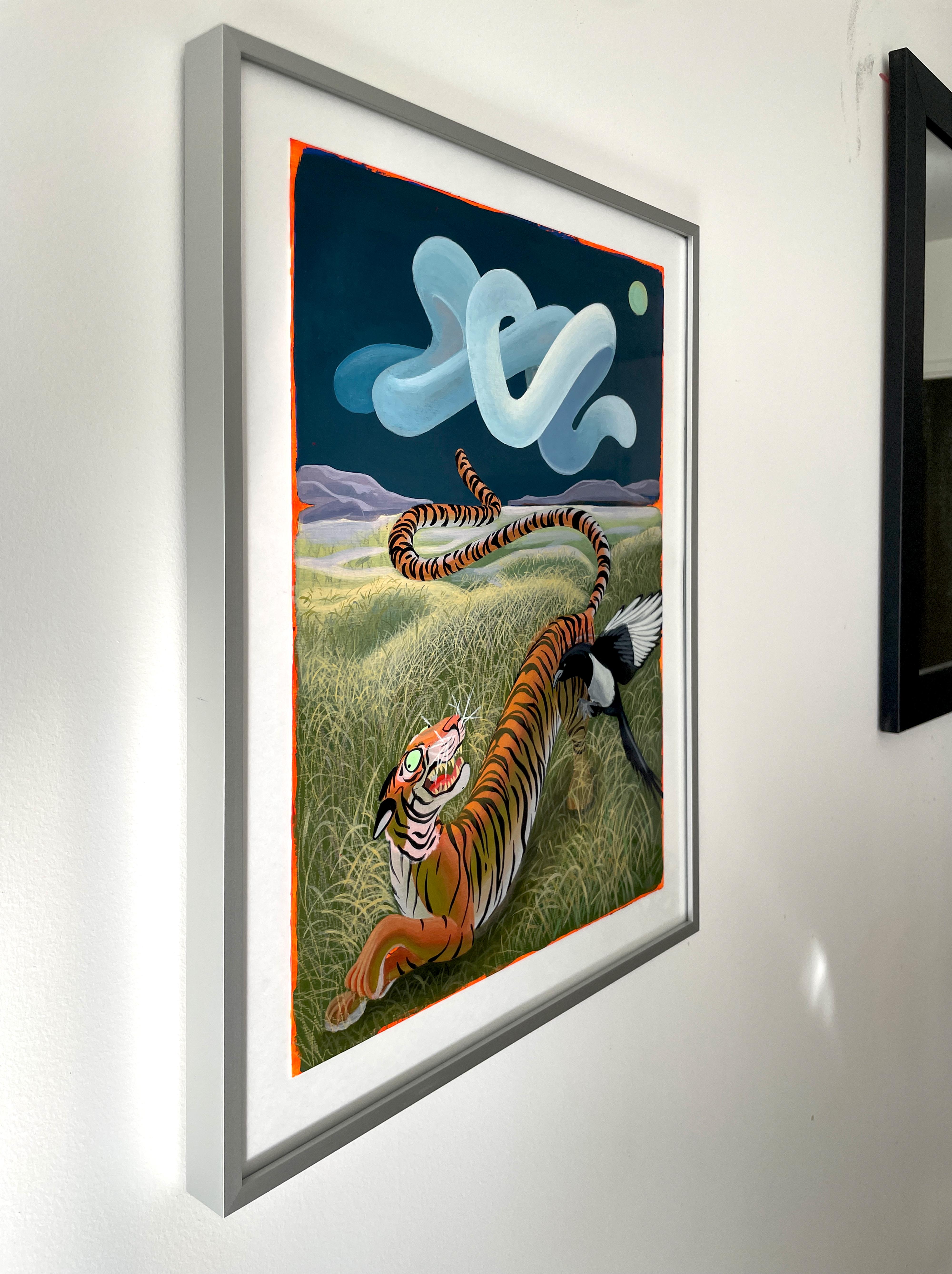Acrylgemälde auf Fabriano-Papier mit Tiger Elster und surrealem Himmel,  