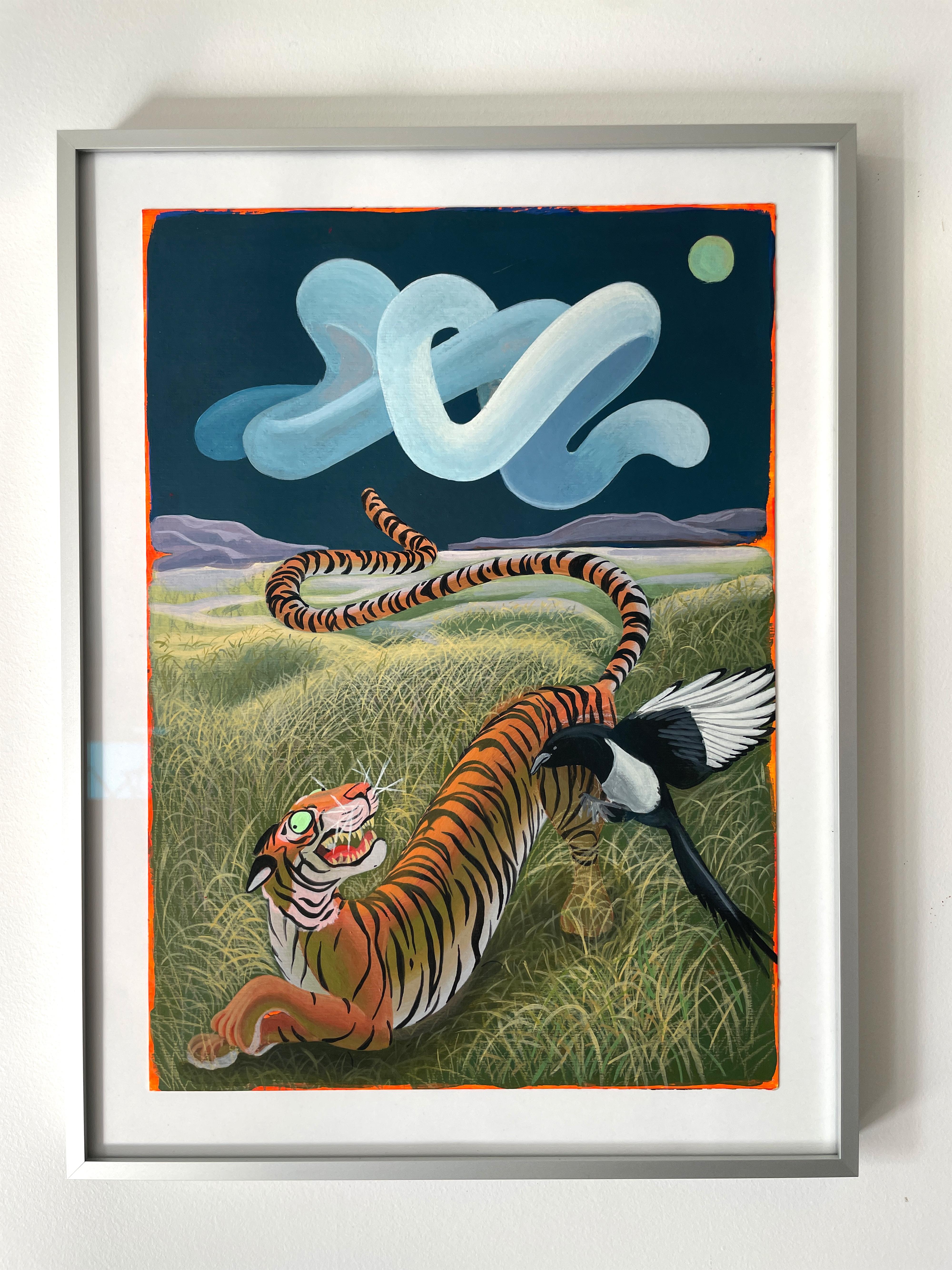 Acrylgemälde auf Fabriano-Papier mit Tiger Elster und surrealem Himmel,  