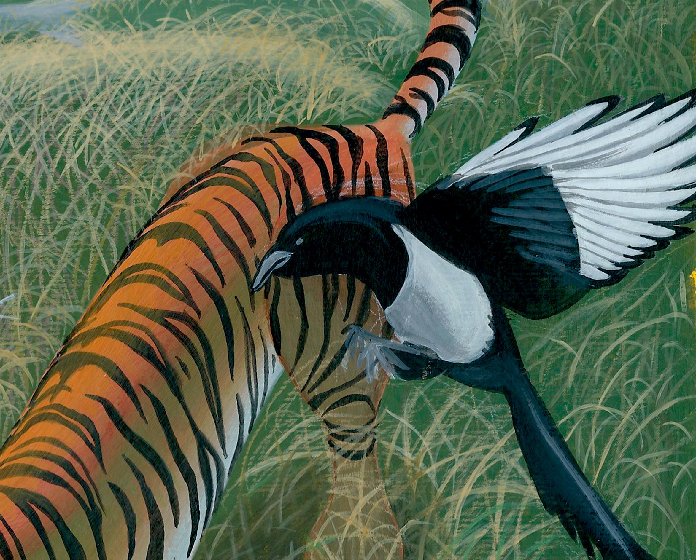 Acrylgemälde auf Fabriano-Papier mit Tiger Elster und surrealem Himmel,  