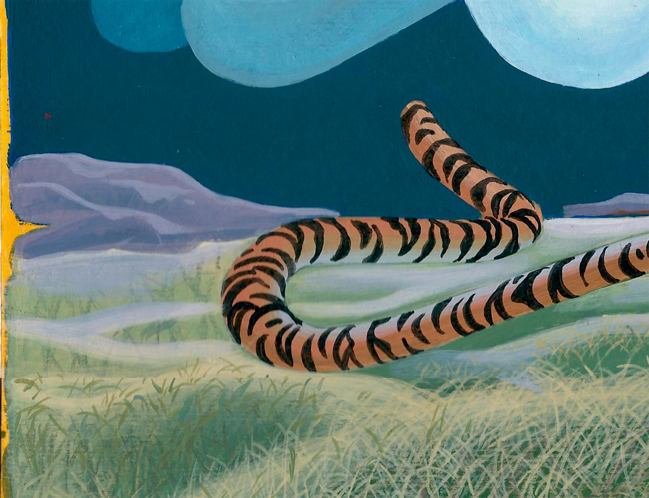 Acrylgemälde auf Fabriano-Papier mit Tiger Elster und surrealem Himmel,  