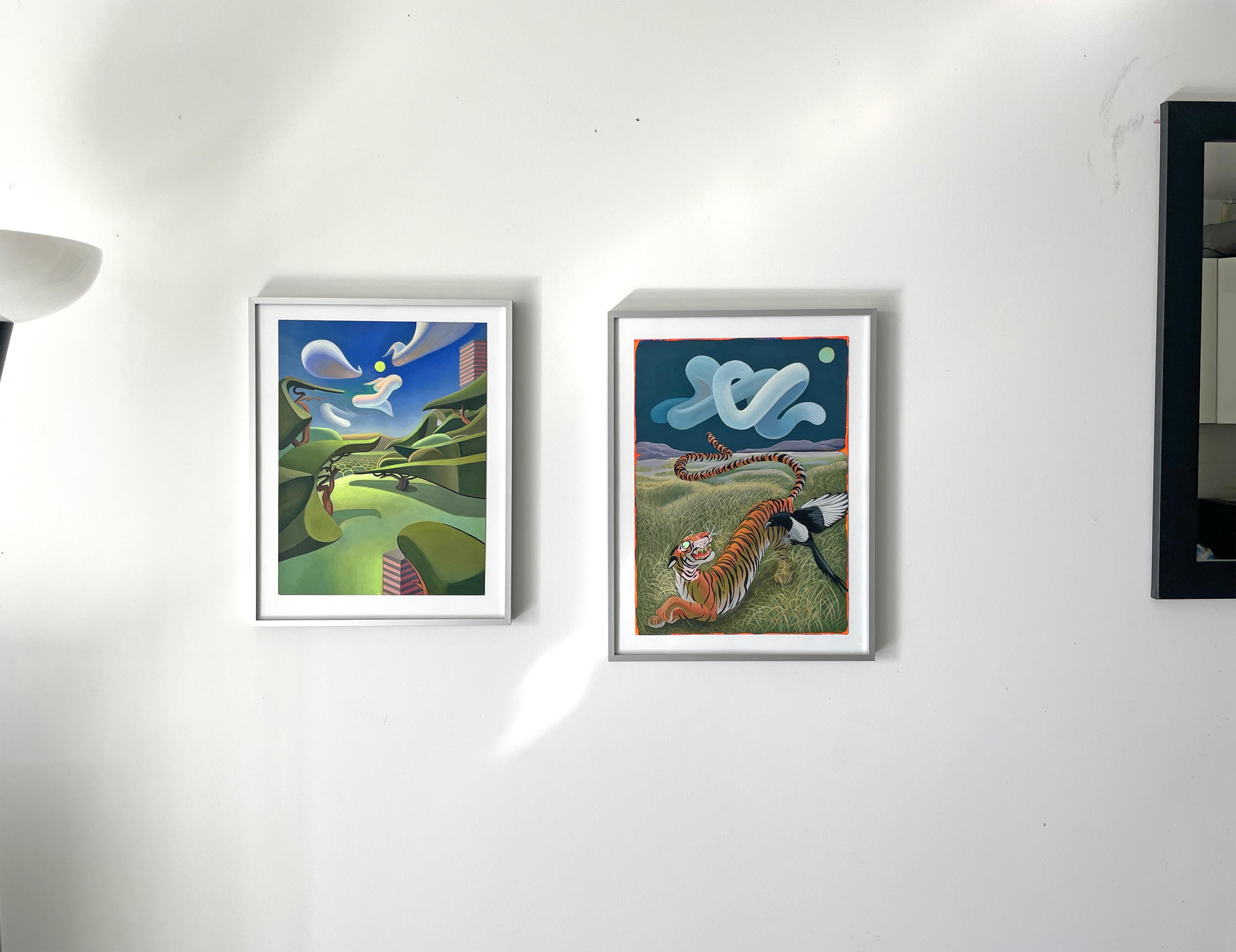 Acrylgemälde auf Fabriano-Papier mit Tiger Elster und surrealem Himmel,  