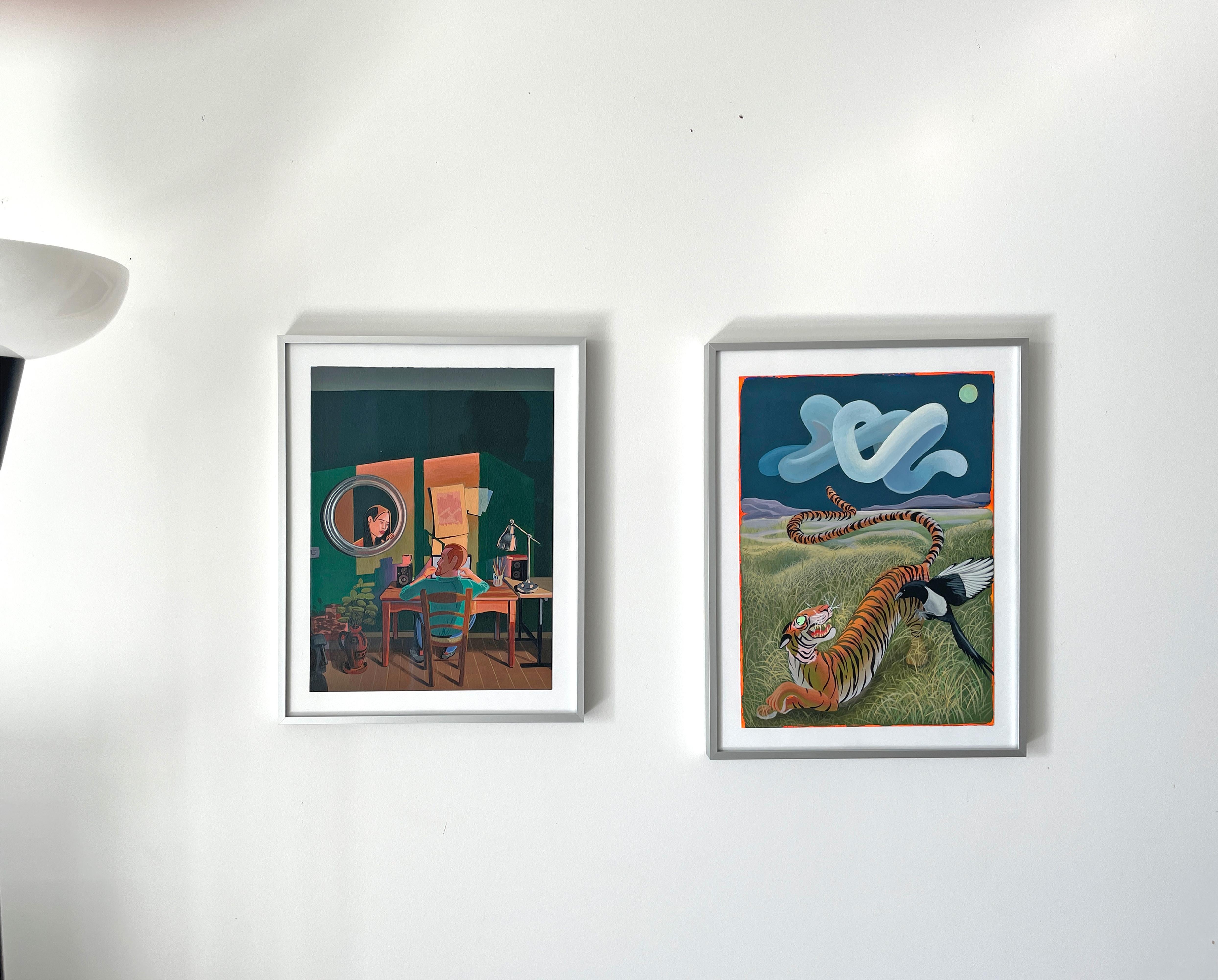 Acrylic Painting on Paper with Interior Scene and Mirror Reflection. Framed im Angebot 7