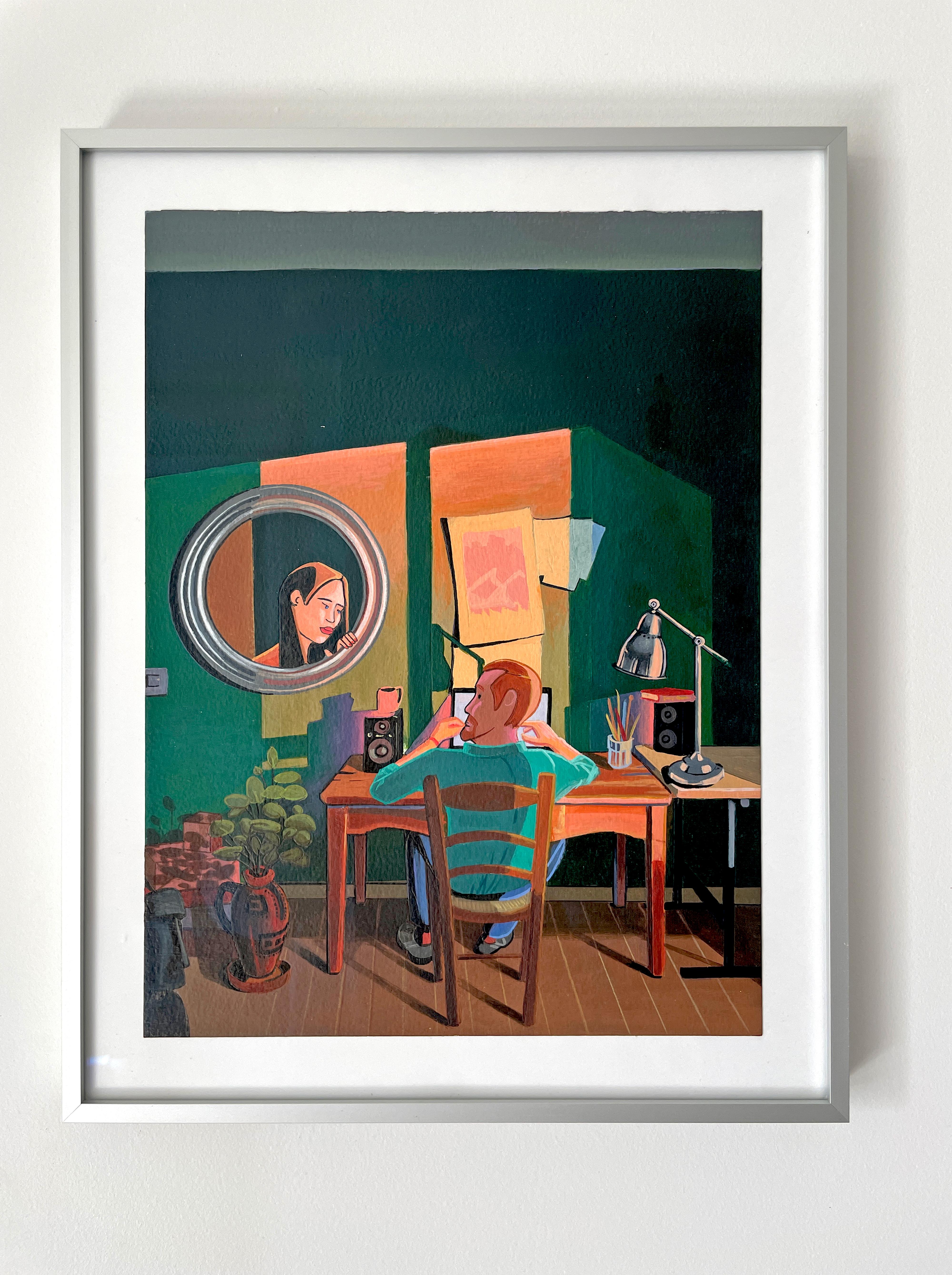 Acrylic Painting on Paper with Interior Scene and Mirror Reflection. Framed (Schwarz), Figurative Painting, von Nico Pearleyes