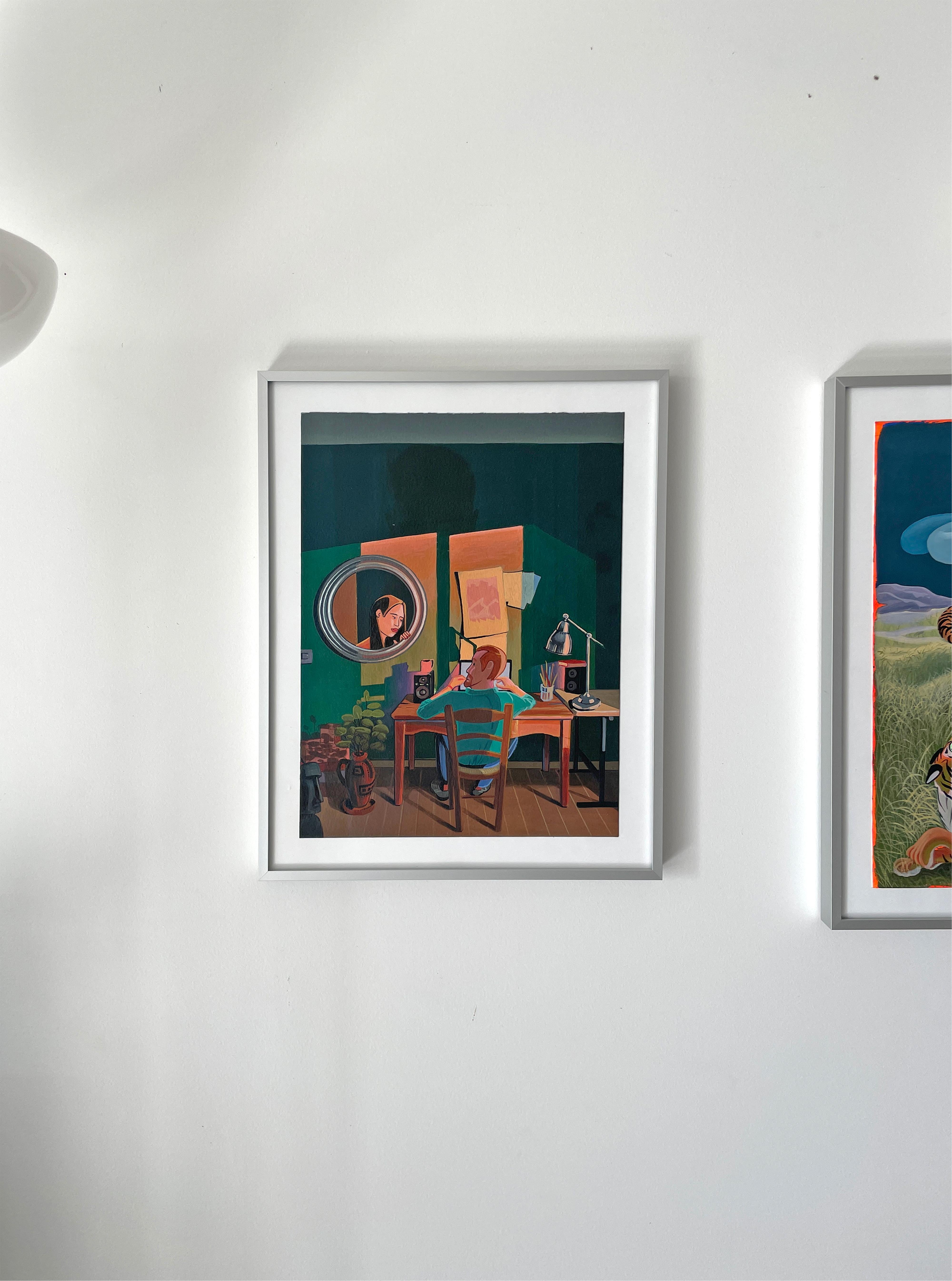 Acrylic Painting on Paper with Interior Scene and Mirror Reflection. Framed im Angebot 1