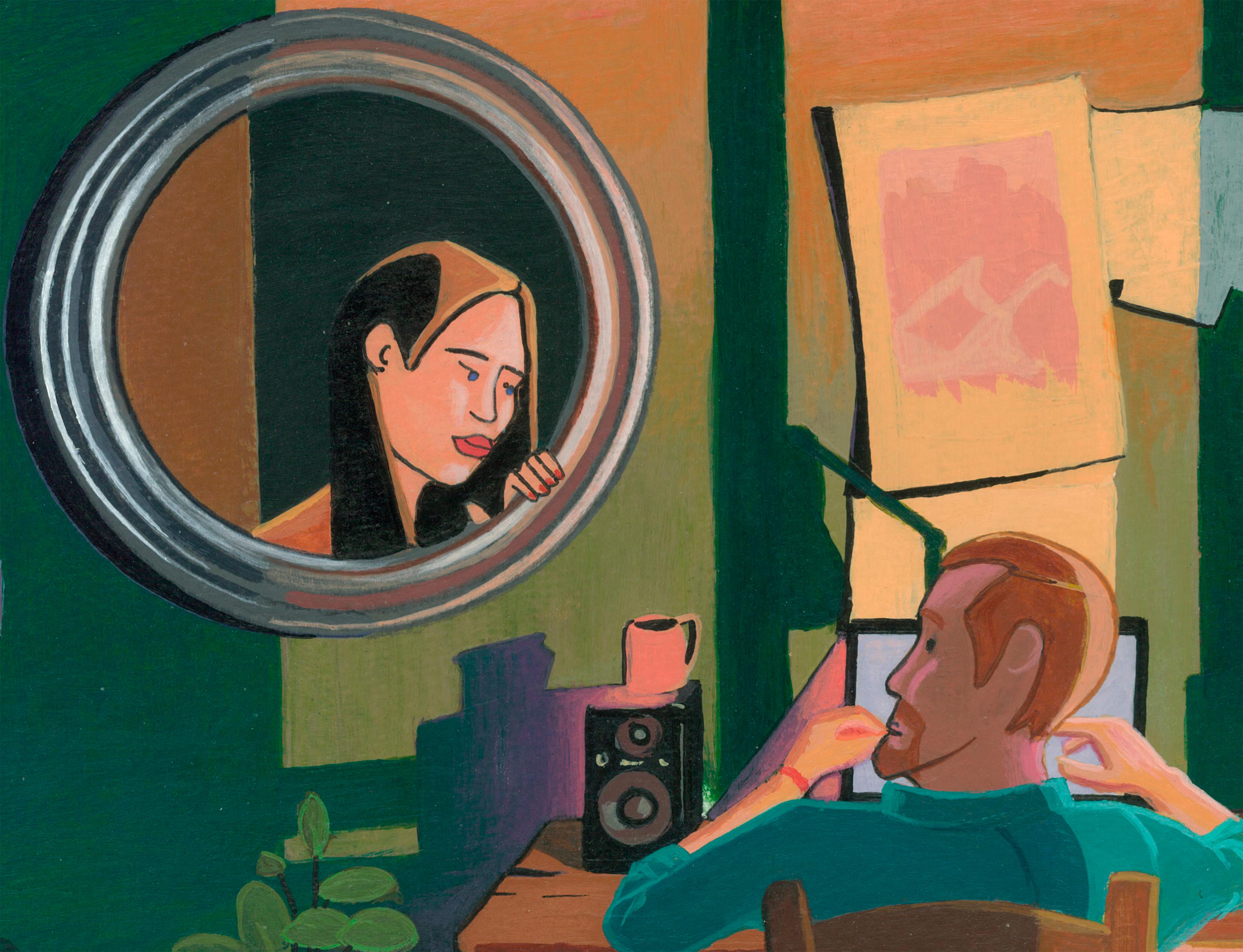 Acrylic Painting on Paper with Interior Scene and Mirror Reflection. Framed im Angebot 3