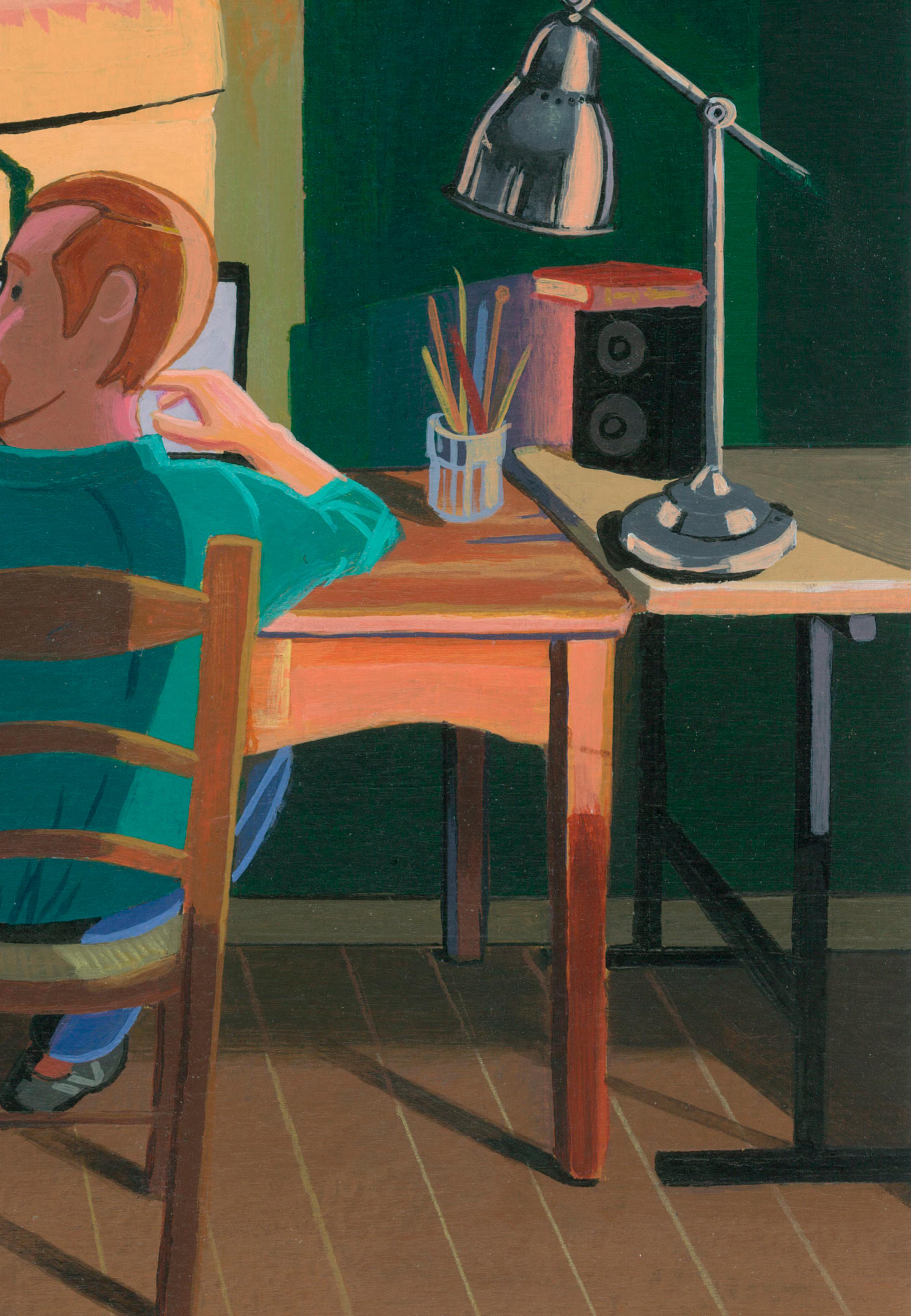 Acrylic Painting on Paper with Interior Scene and Mirror Reflection. Framed im Angebot 4