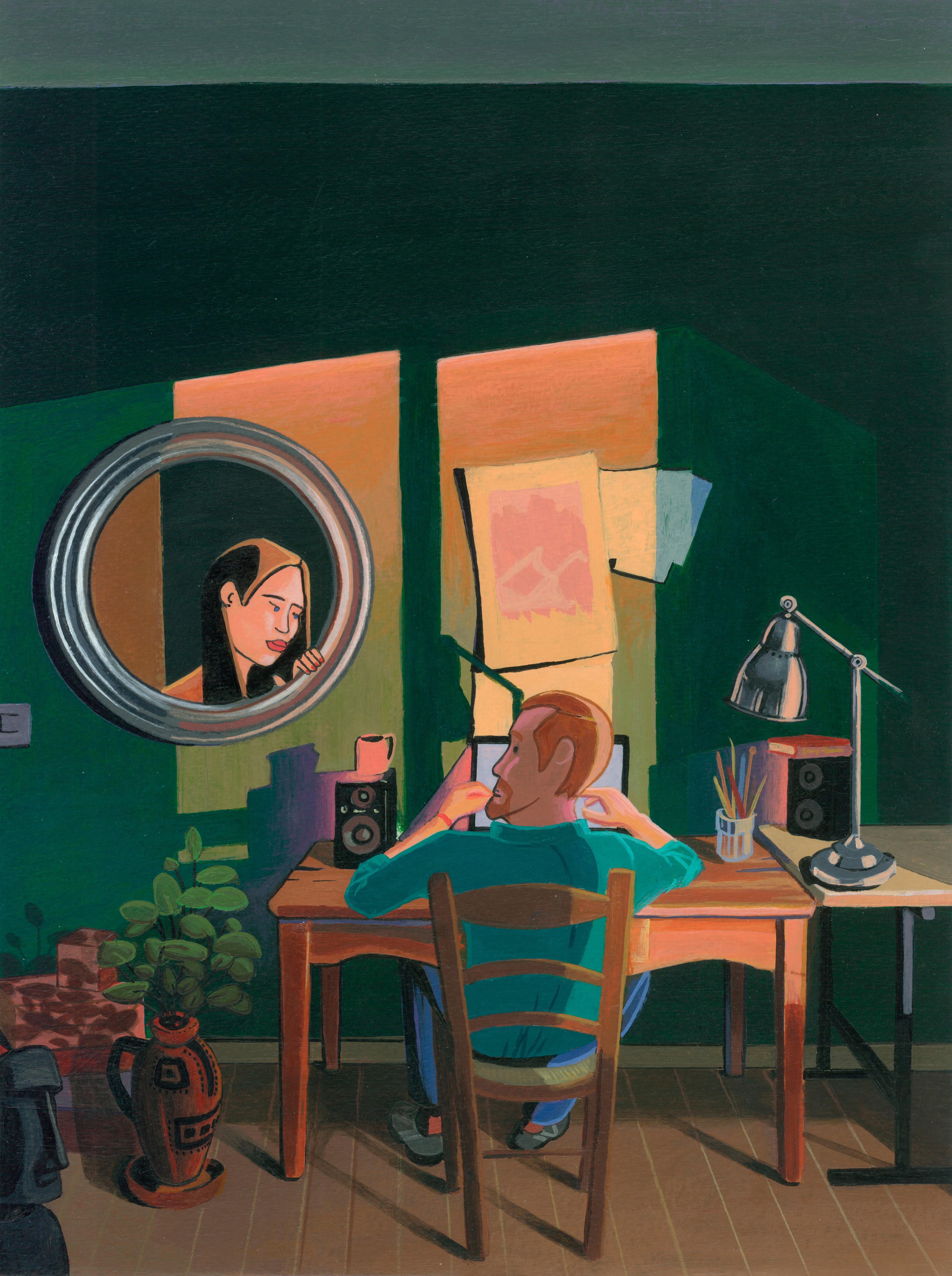 Nico Pearleyes Figurative Painting – Acrylic Painting on Paper with Interior Scene and Mirror Reflection. Framed