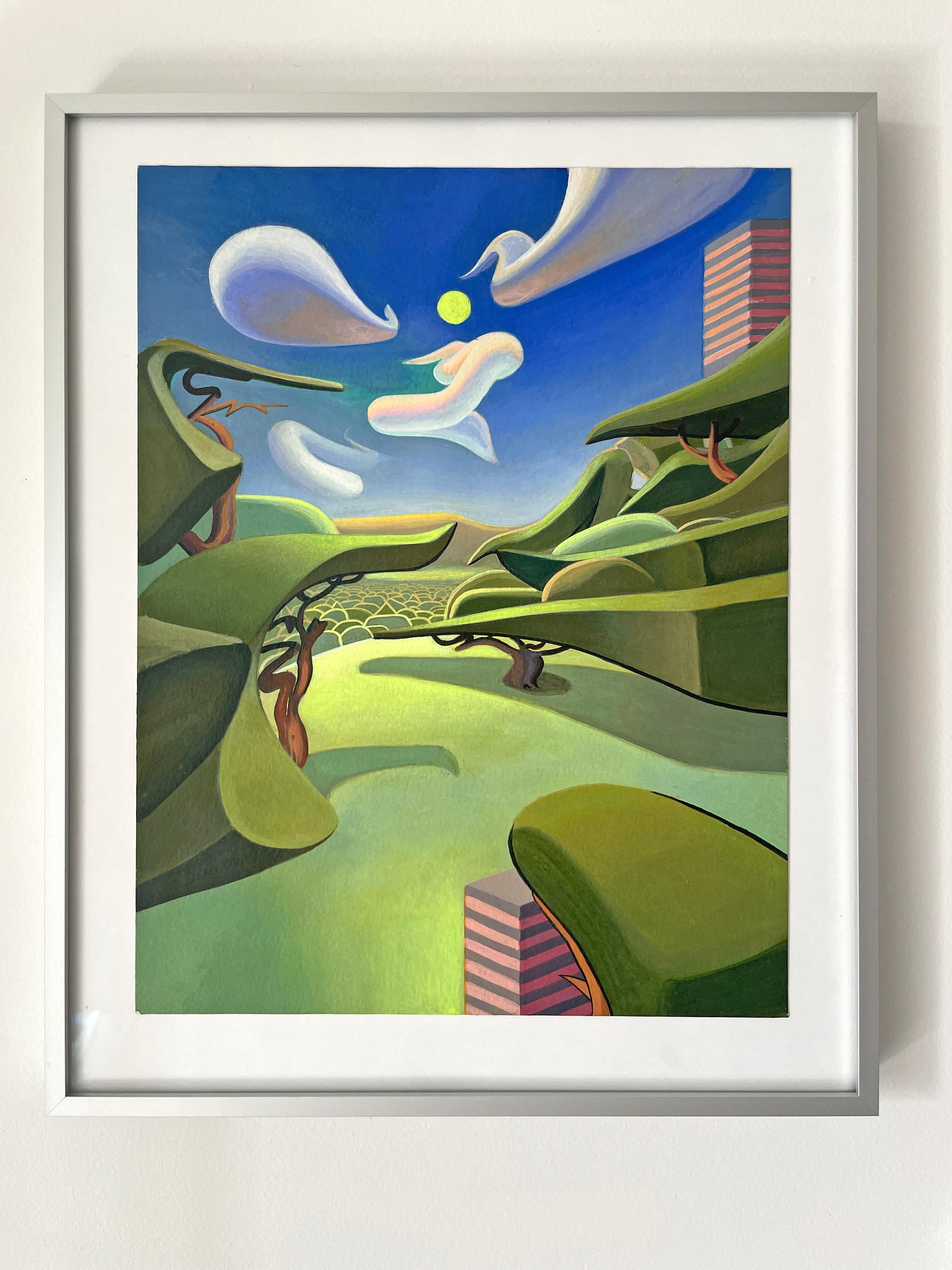Acrylic Painting on Paper with Surreal Landscape and Abstract Clouds. Framed - Gray Abstract Painting by Nico Pearleyes