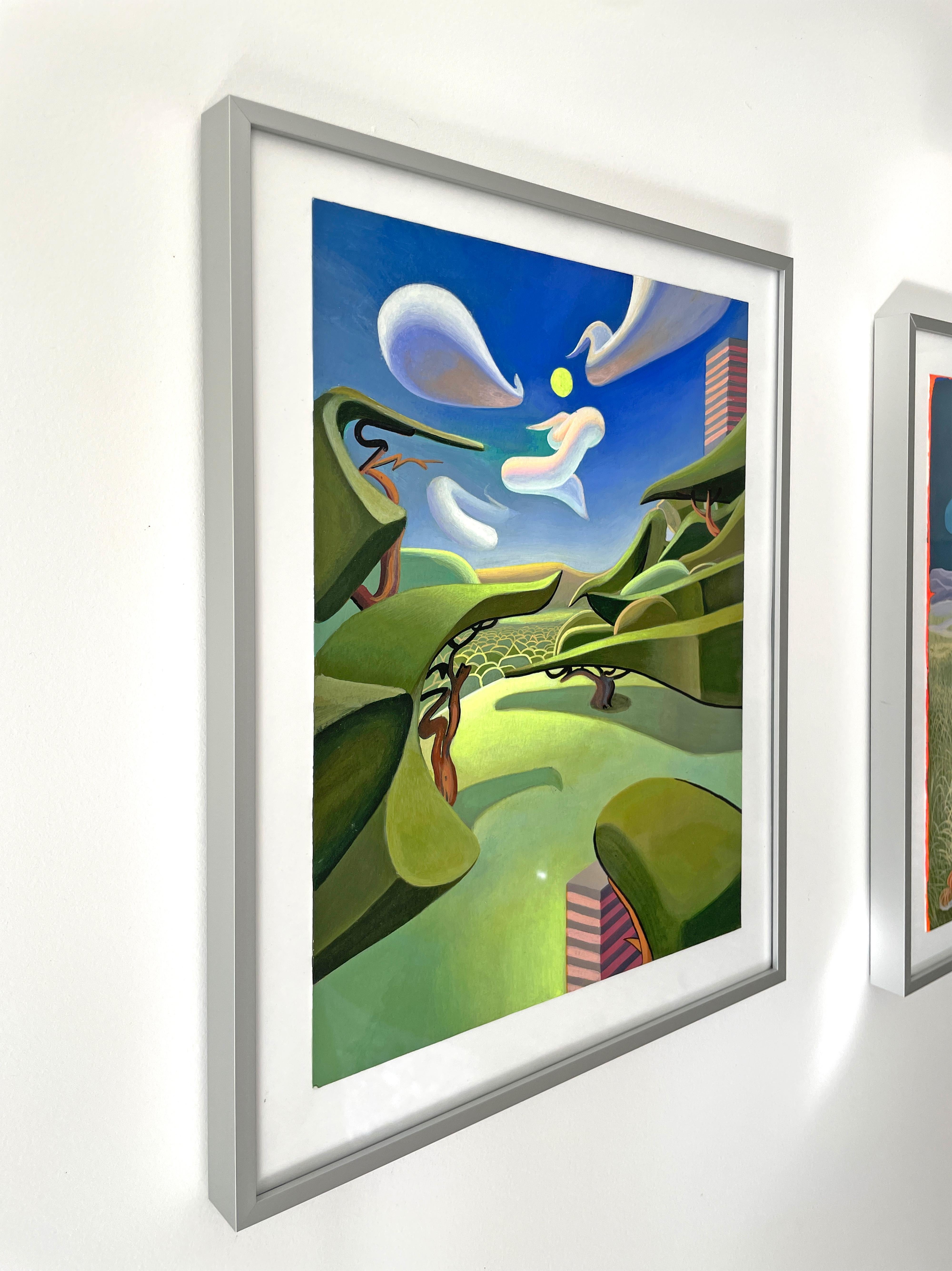 Acrylic Painting on Paper with Surreal Landscape and Abstract Clouds. Framed For Sale 1