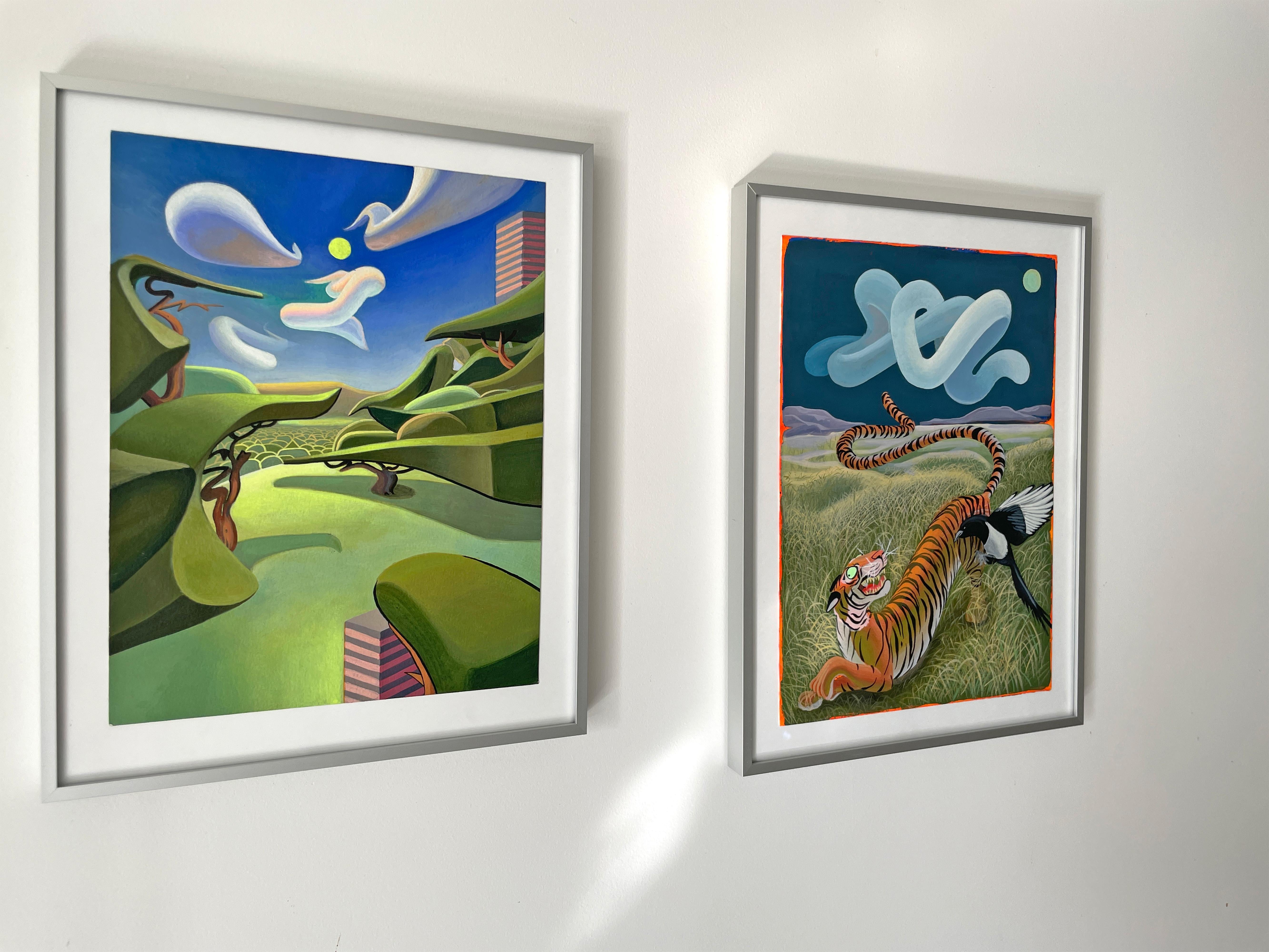 Acrylic Painting on Paper with Surreal Landscape and Abstract Clouds. Framed For Sale 2