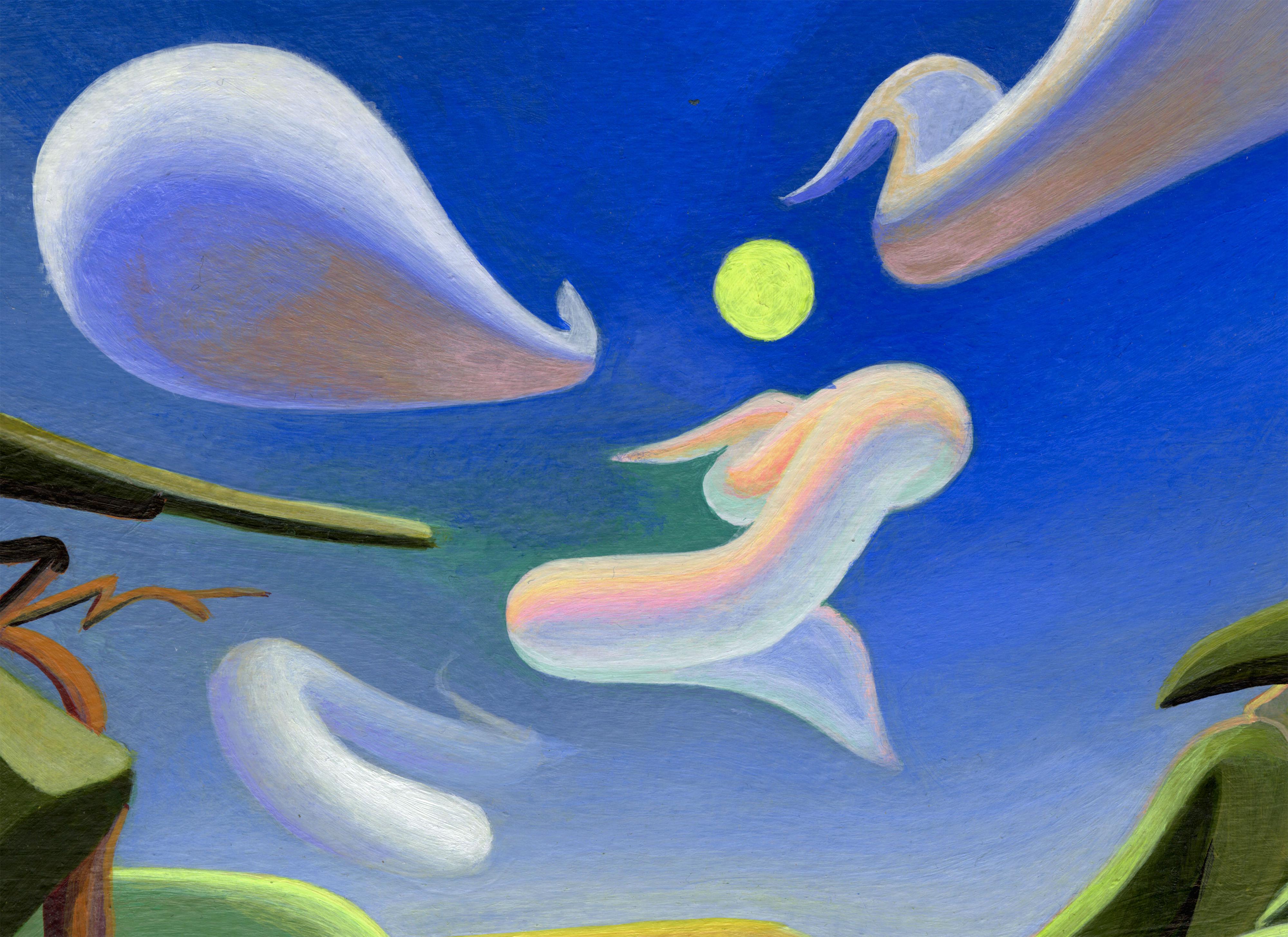 Acrylic Painting on Paper with Surreal Landscape and Abstract Clouds. Framed For Sale 6