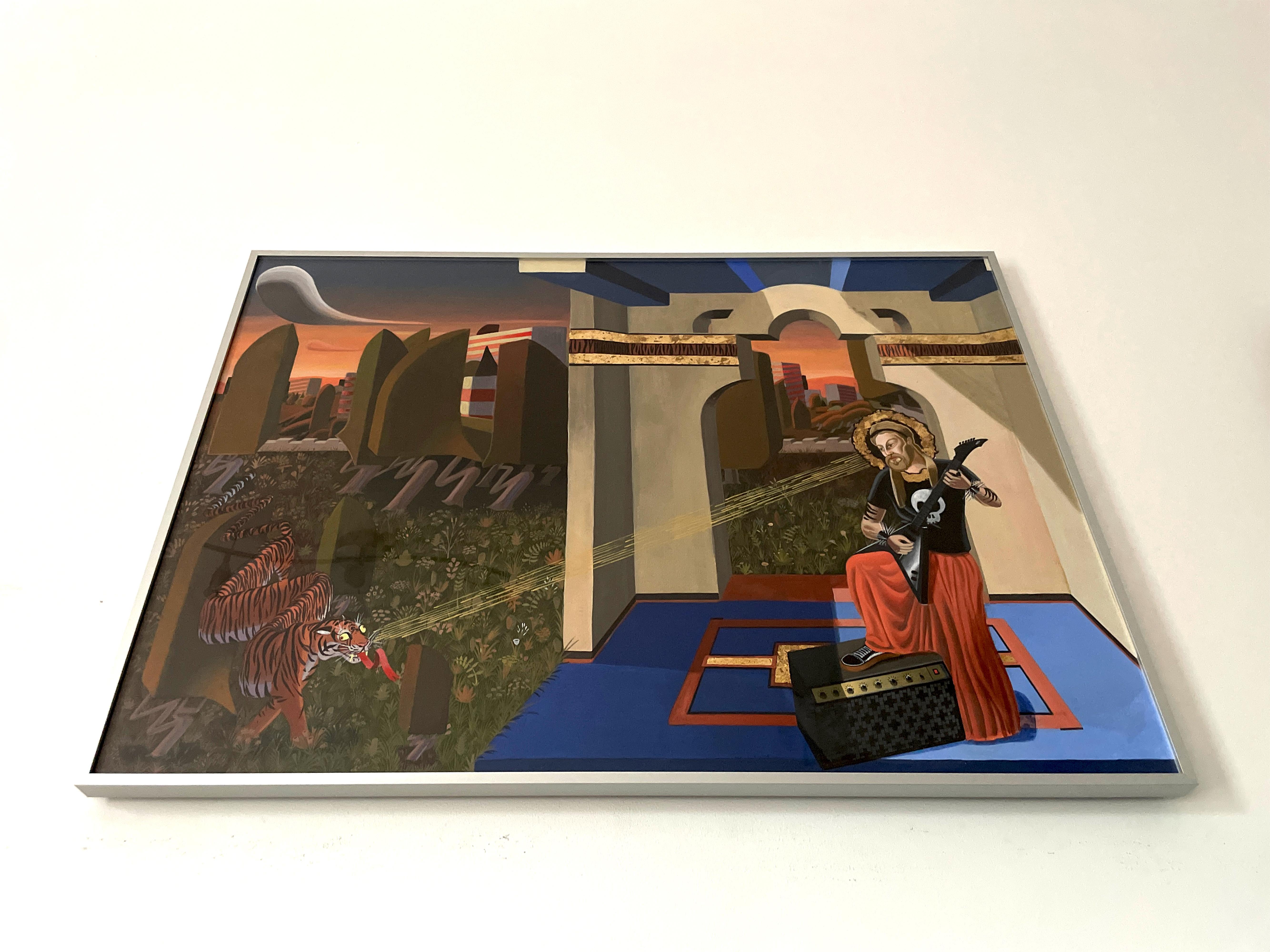 Acrylgemälde mit Blattgold auf Papier Surreale Landschaft mit Tiger und Gitarre im Angebot 5
