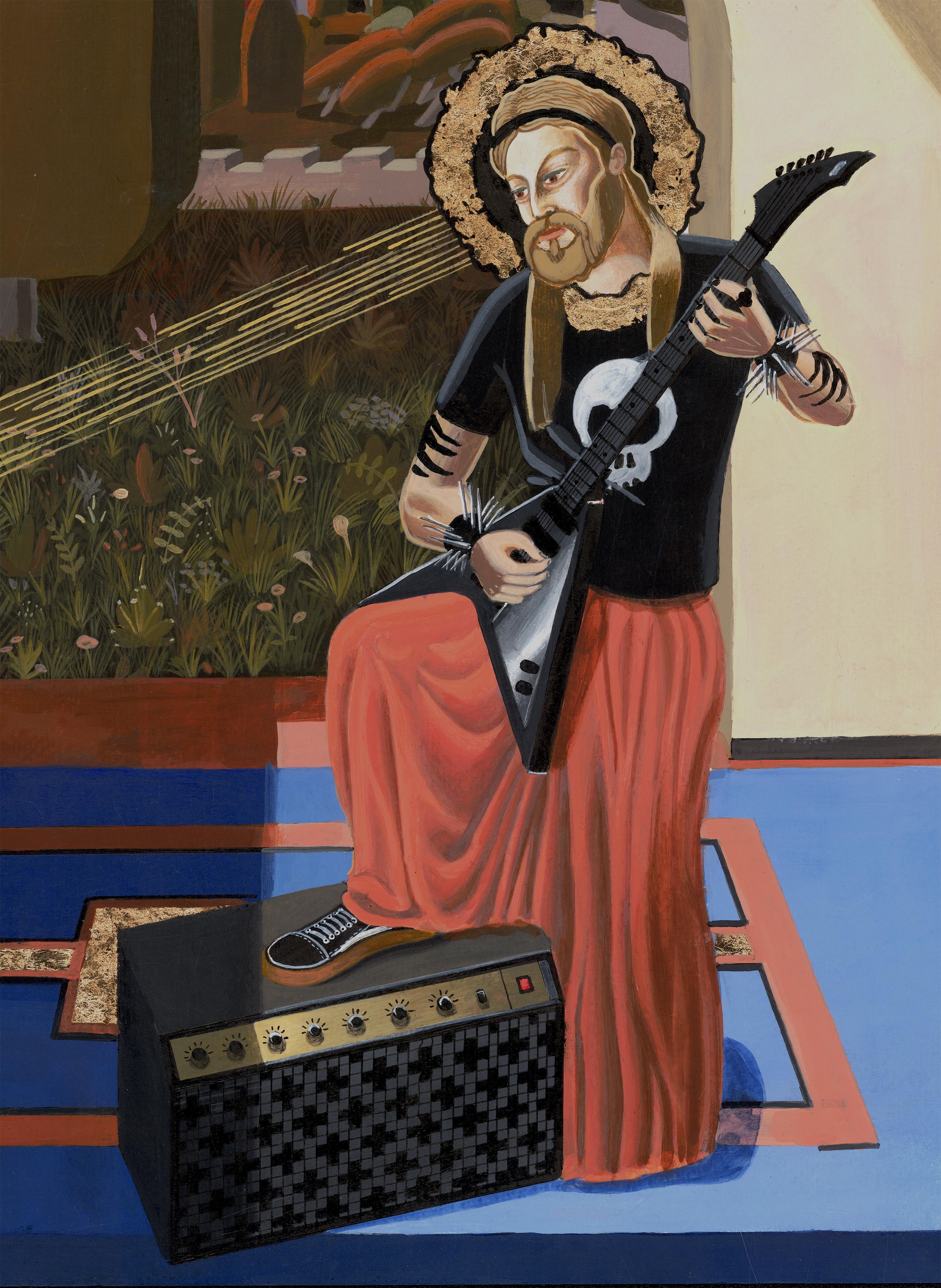 Acrylgemälde mit Blattgold auf Papier Surreale Landschaft mit Tiger und Gitarre – Painting von Nico Pearleyes