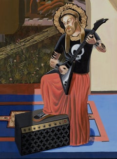 Acrylgemälde mit Blattgold auf Papier Surreale Landschaft mit Tiger und Gitarre