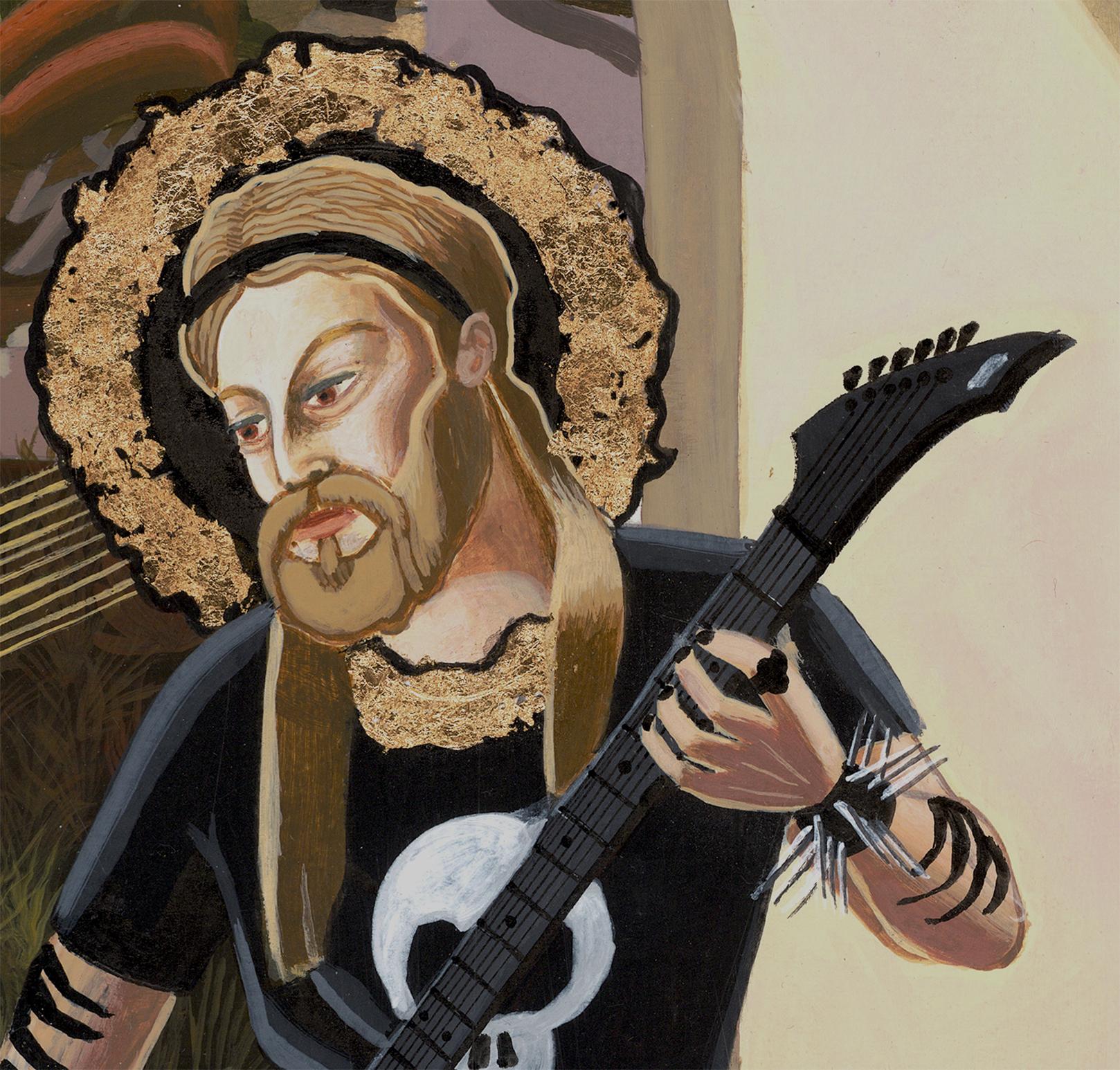 Acrylgemälde mit Blattgold auf Papier Surreale Landschaft mit Tiger und Gitarre (Surrealismus), Painting, von Nico Pearleyes