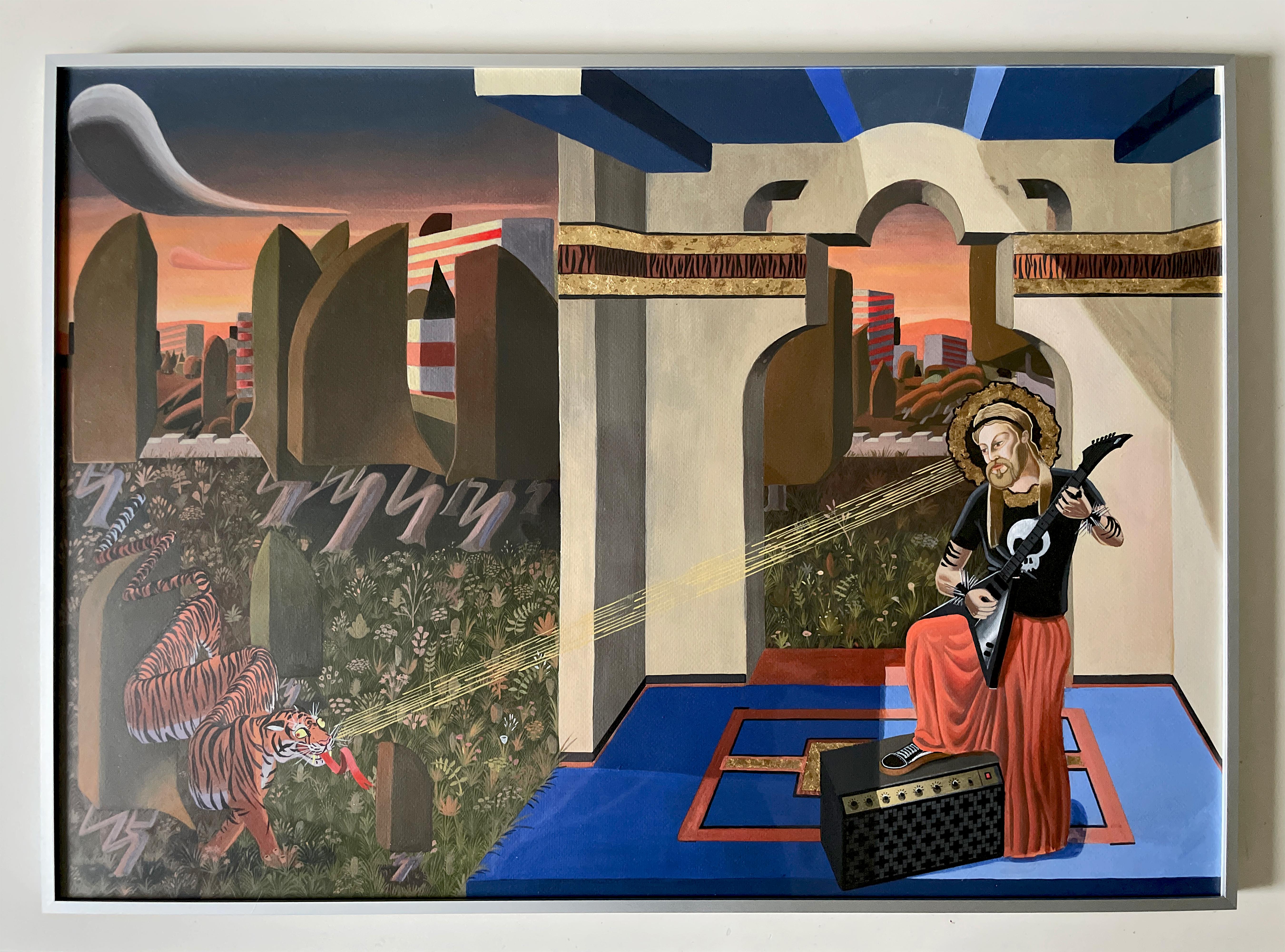 Acrylgemälde mit Blattgold auf Papier Surreale Landschaft mit Tiger und Gitarre im Angebot 2