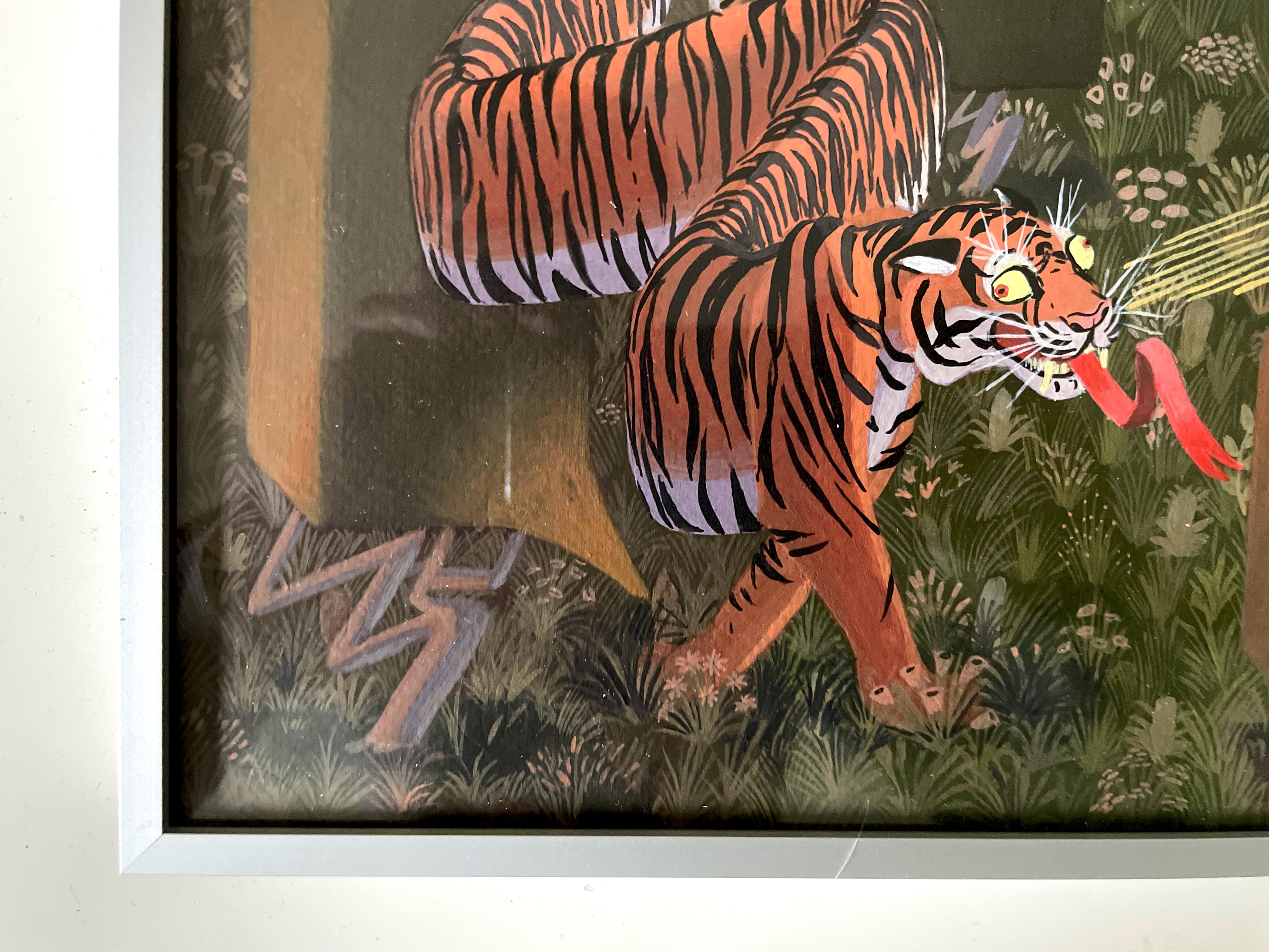 Acrylgemälde mit Blattgold auf Papier Surreale Landschaft mit Tiger und Gitarre im Angebot 3