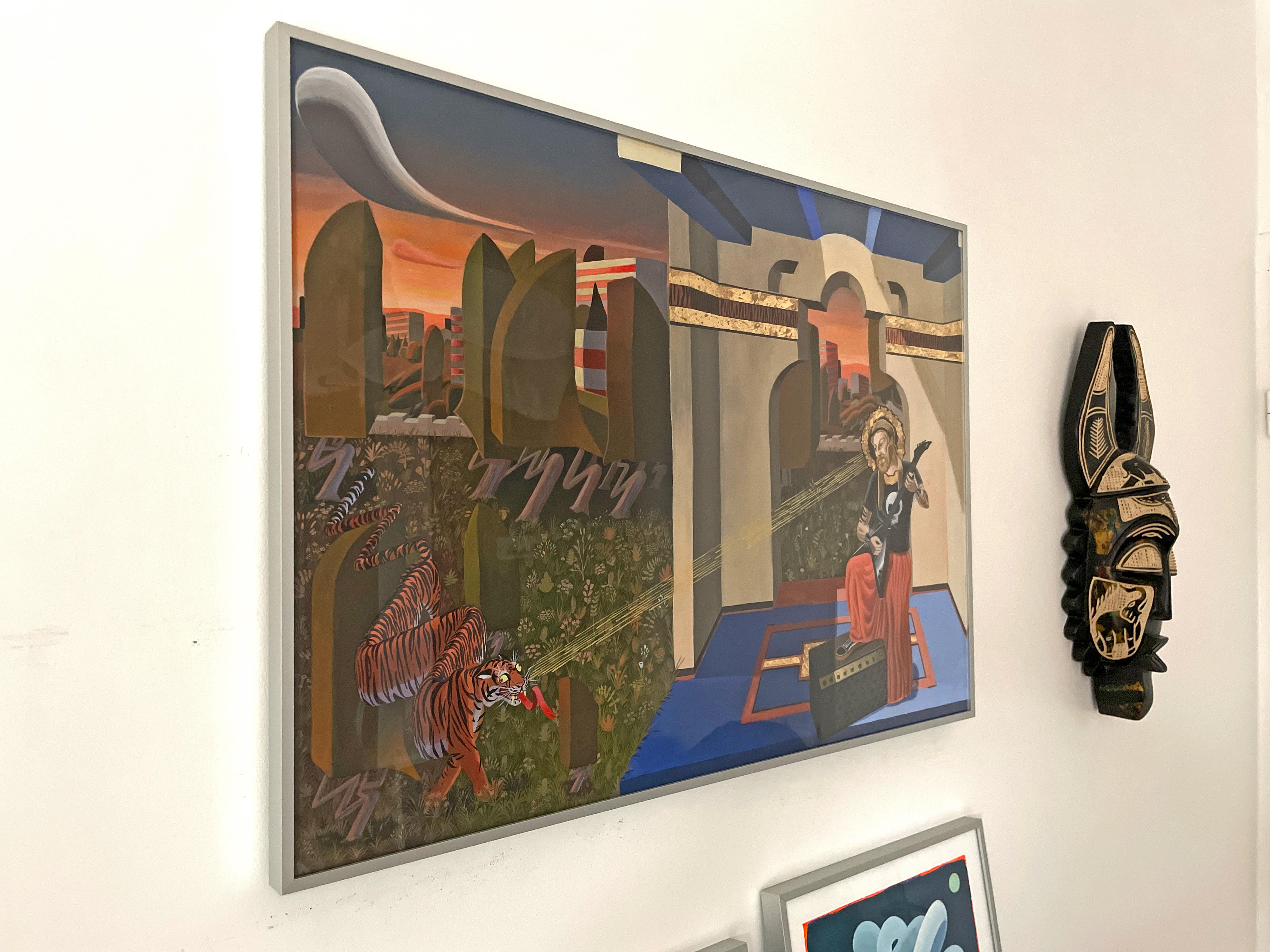 Acrylgemälde mit Blattgold auf Papier Surreale Landschaft mit Tiger und Gitarre im Angebot 4