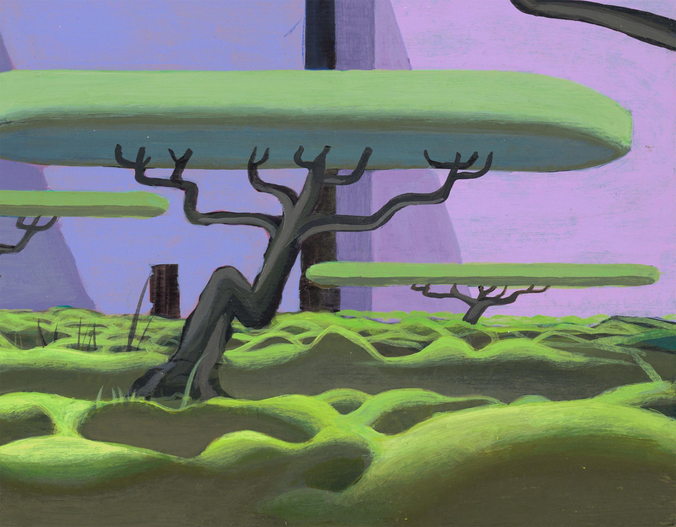 Framed Acrylic Painting on Paper with Surreal Urban Landscape and Floating Trees For Sale 7