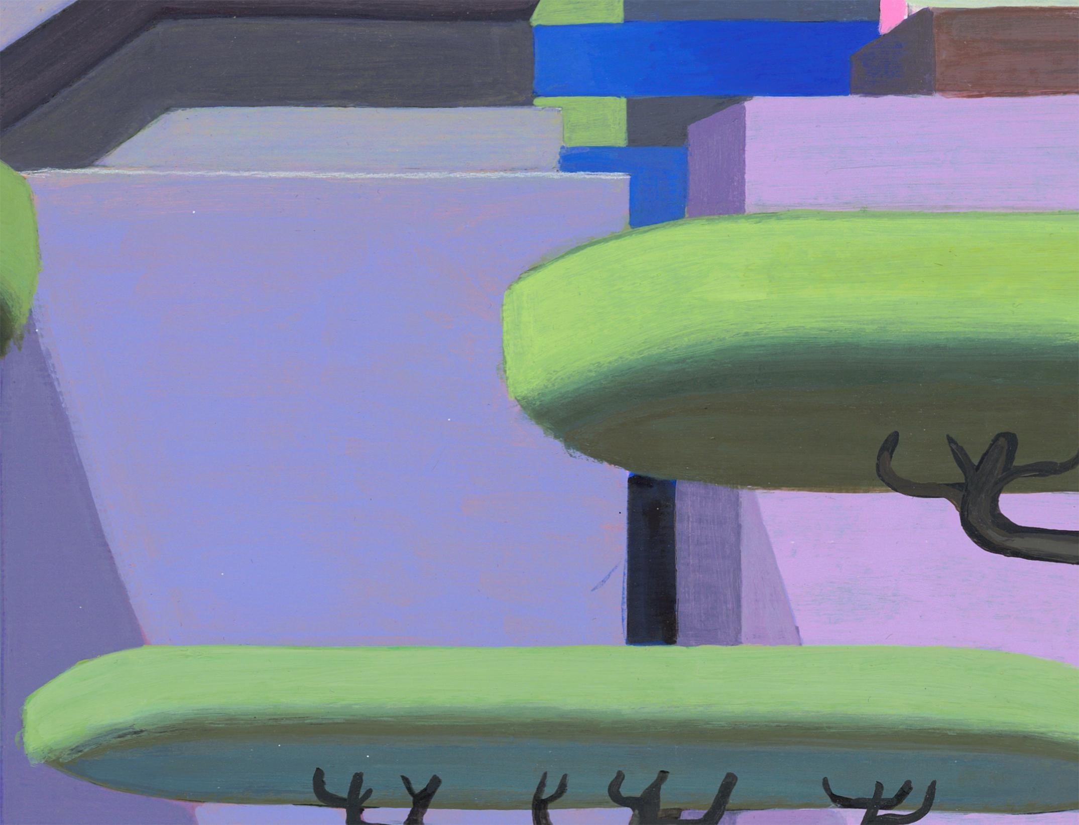 Framed Acrylic Painting on Paper with Surreal Urban Landscape and Floating Trees For Sale 9
