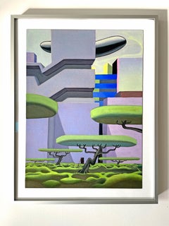 Pintura acrílica sobre papel enmarcada con paisaje urbano surrealista y árboles flotantes