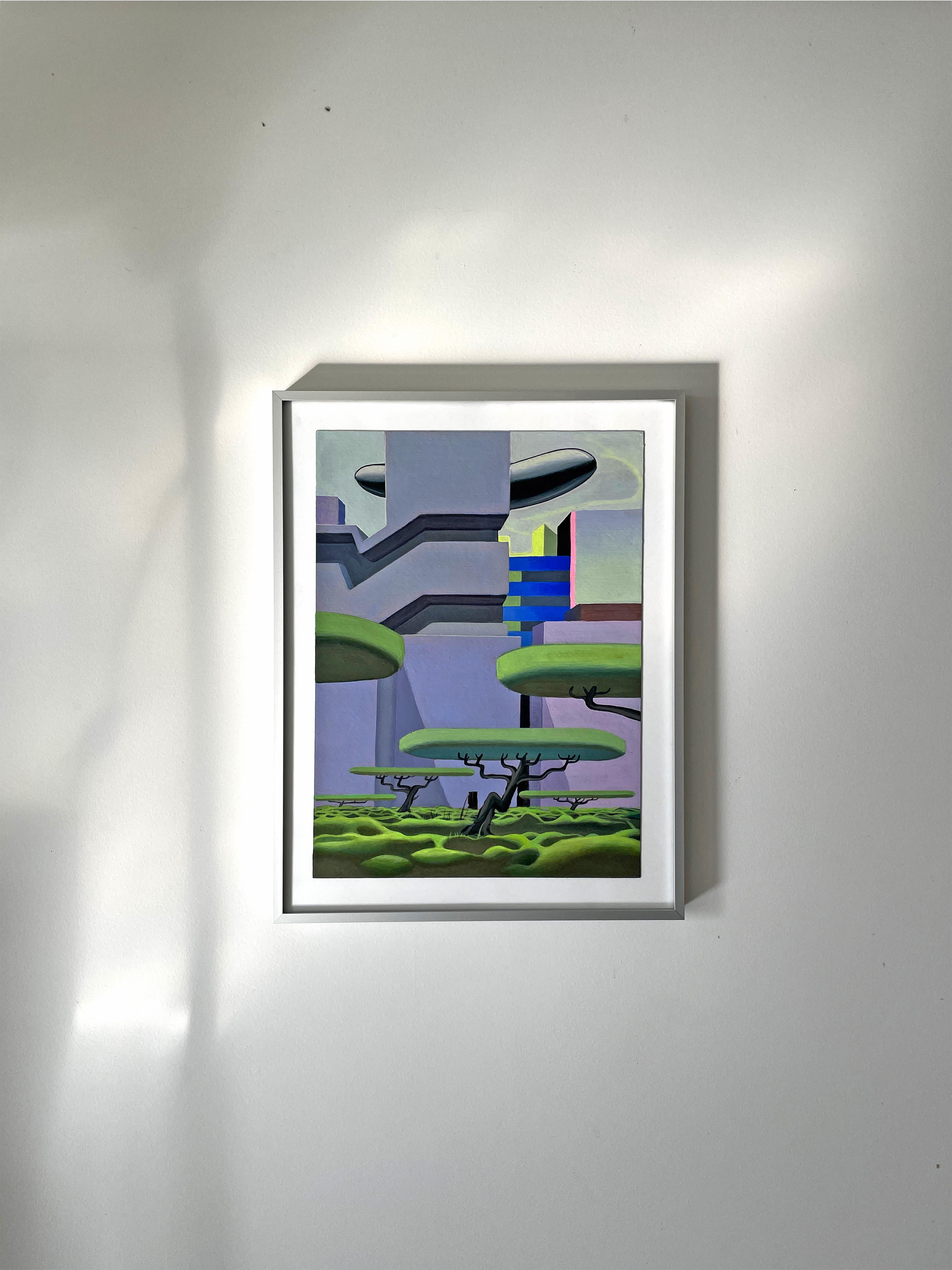 This acrylic painting on 400 g/m² Fabriano “Pittura” paper belongs to a series of works created by Nico Pearleyes for Furtif magazine around the theme of “Lost Worlds.” In Cité Vide (“Empty City”), Pearleyes constructs a metaphysical landscape that