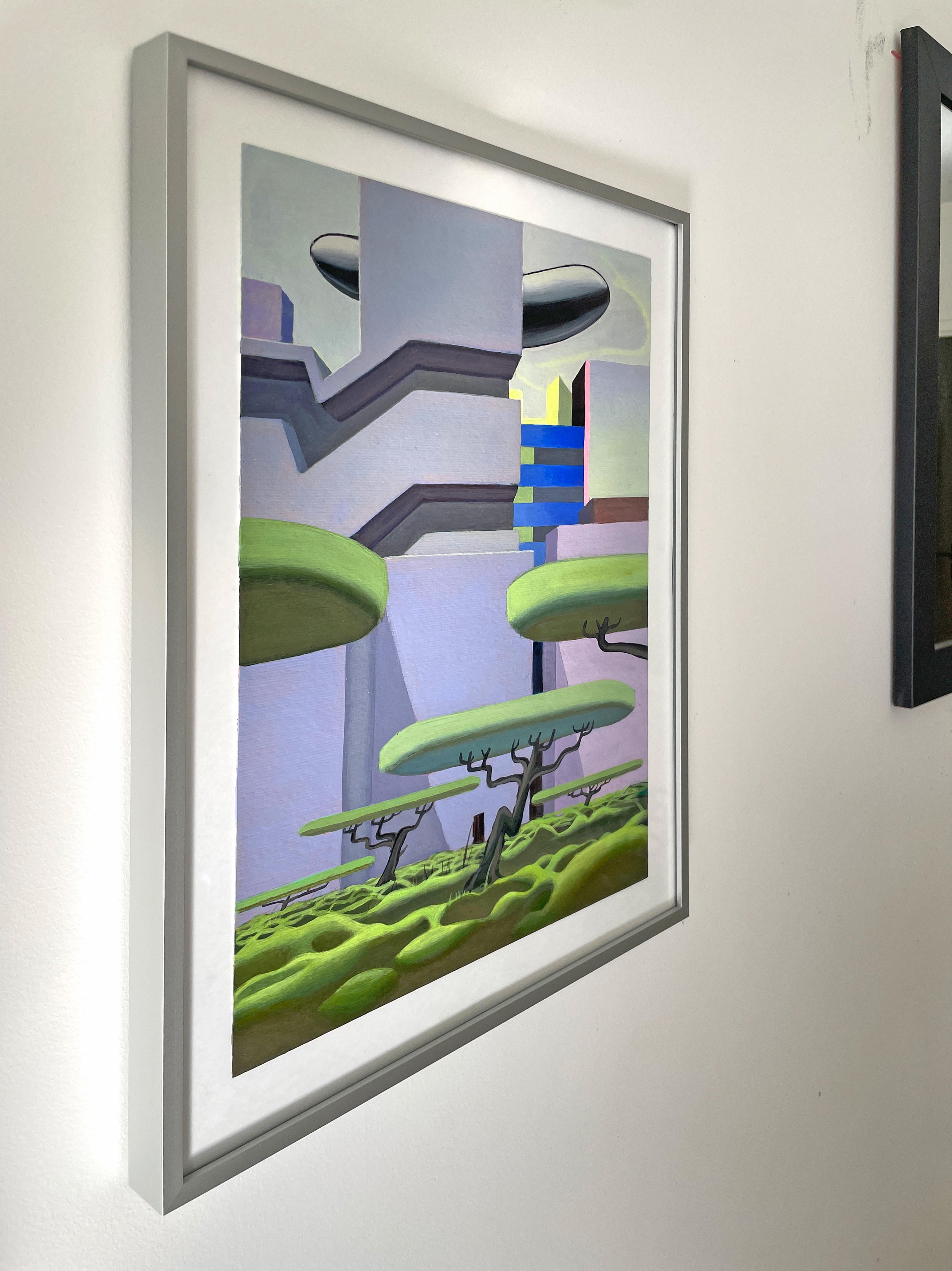 Framed Acrylic Painting on Paper with Surreal Urban Landscape and Floating Trees For Sale 1