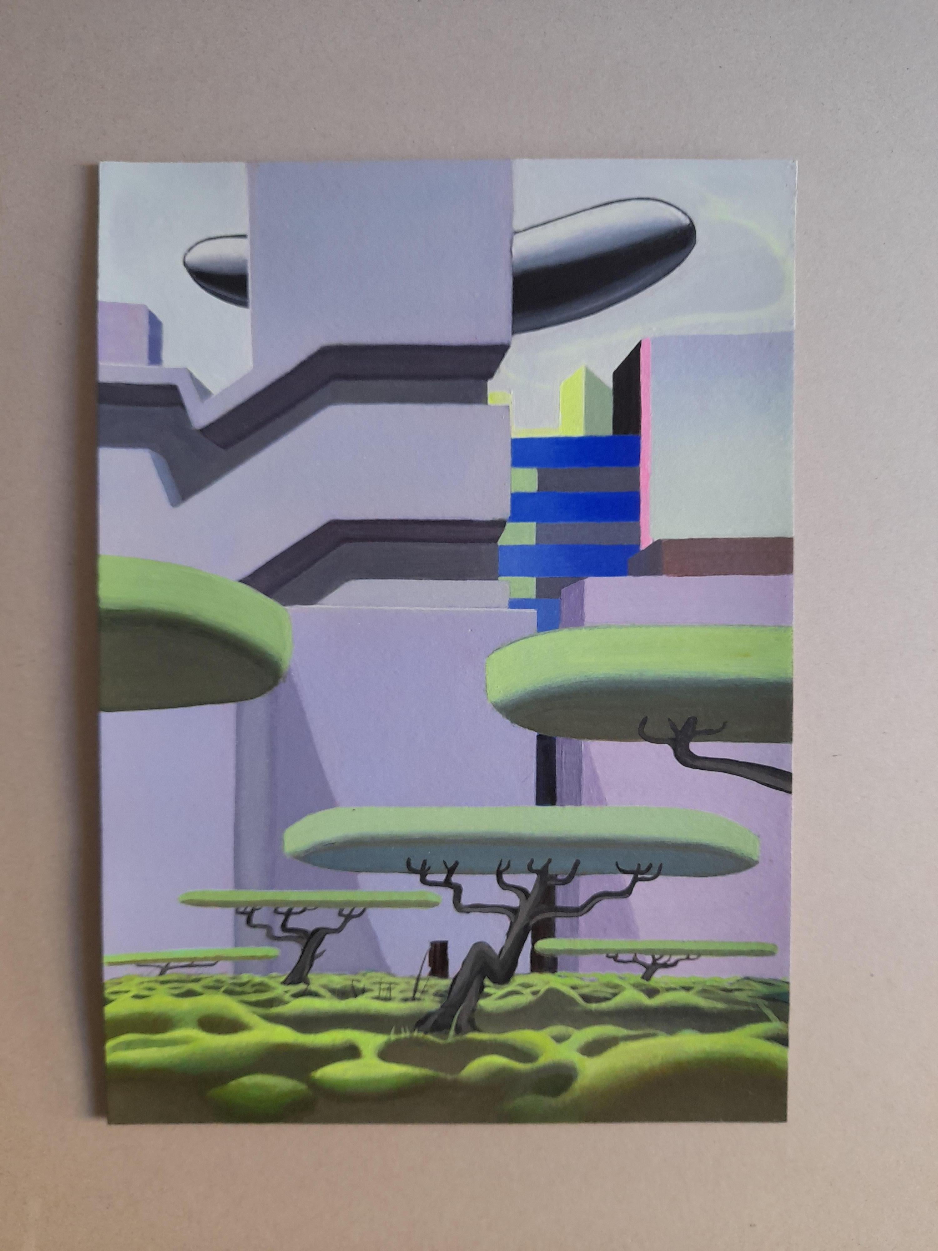 Framed Acrylic Painting on Paper with Surreal Urban Landscape and Floating Trees For Sale 2