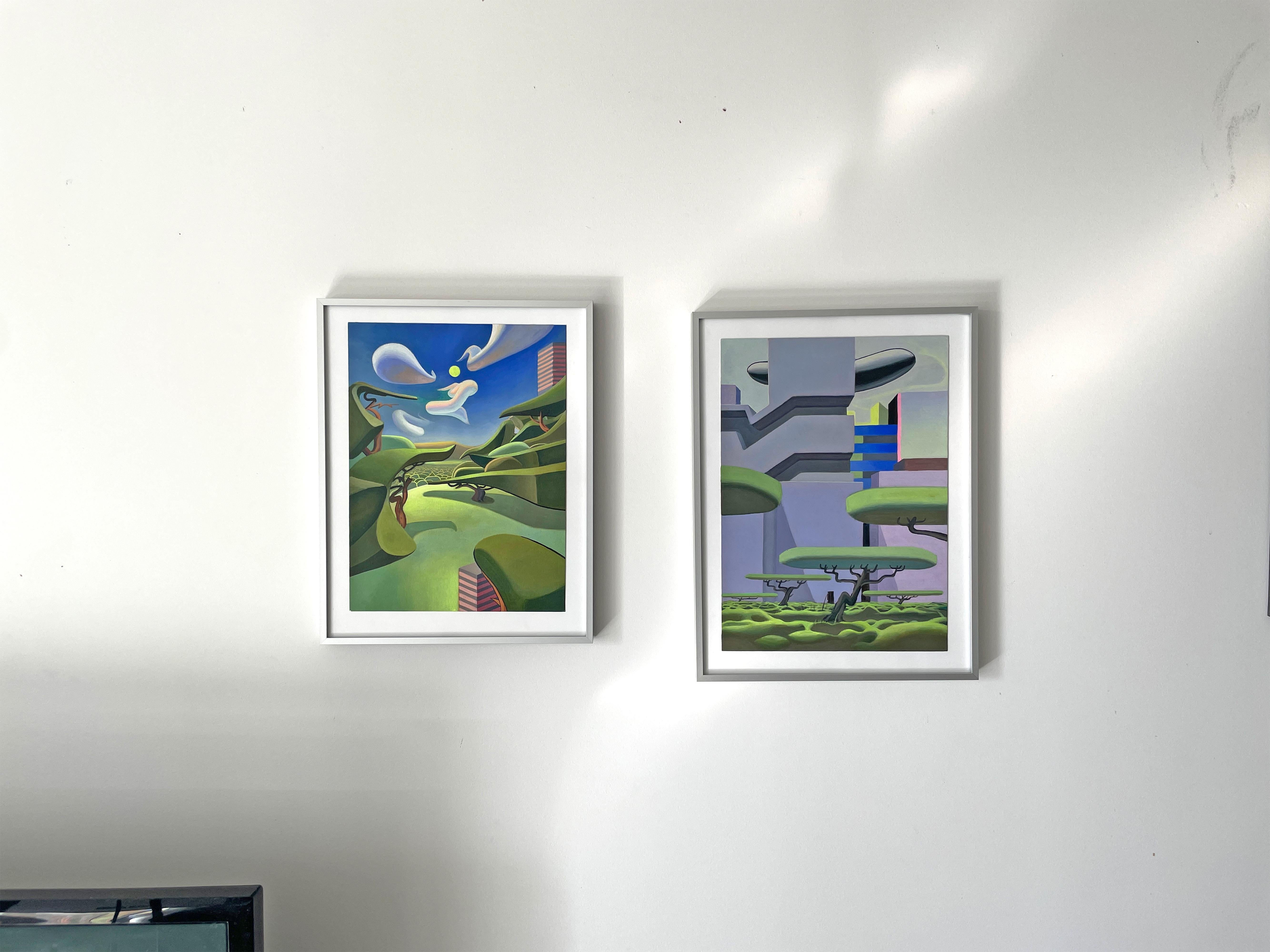 Framed Acrylic Painting on Paper with Surreal Urban Landscape and Floating Trees For Sale 3