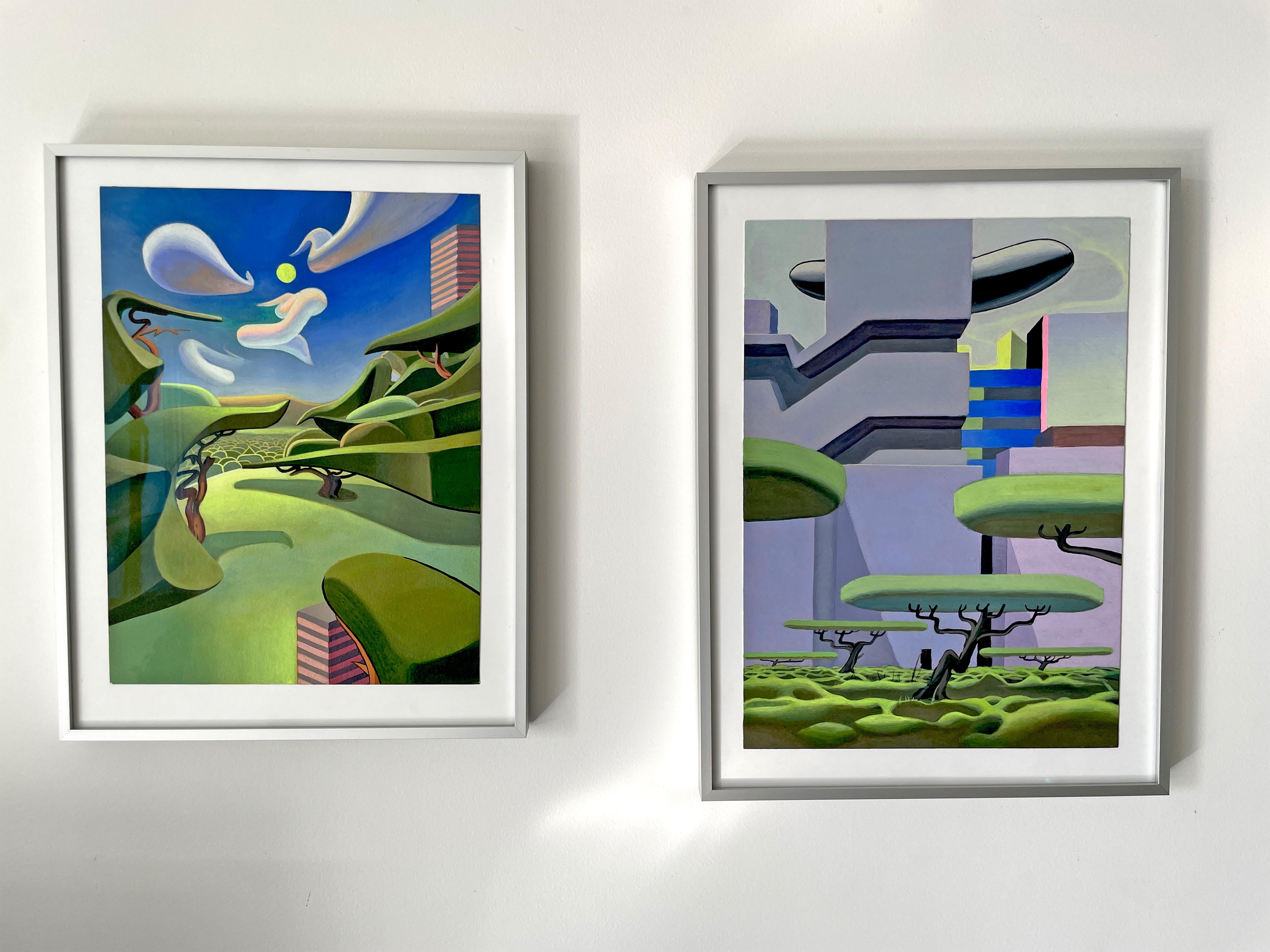 Framed Acrylic Painting on Paper with Surreal Urban Landscape and Floating Trees For Sale 4